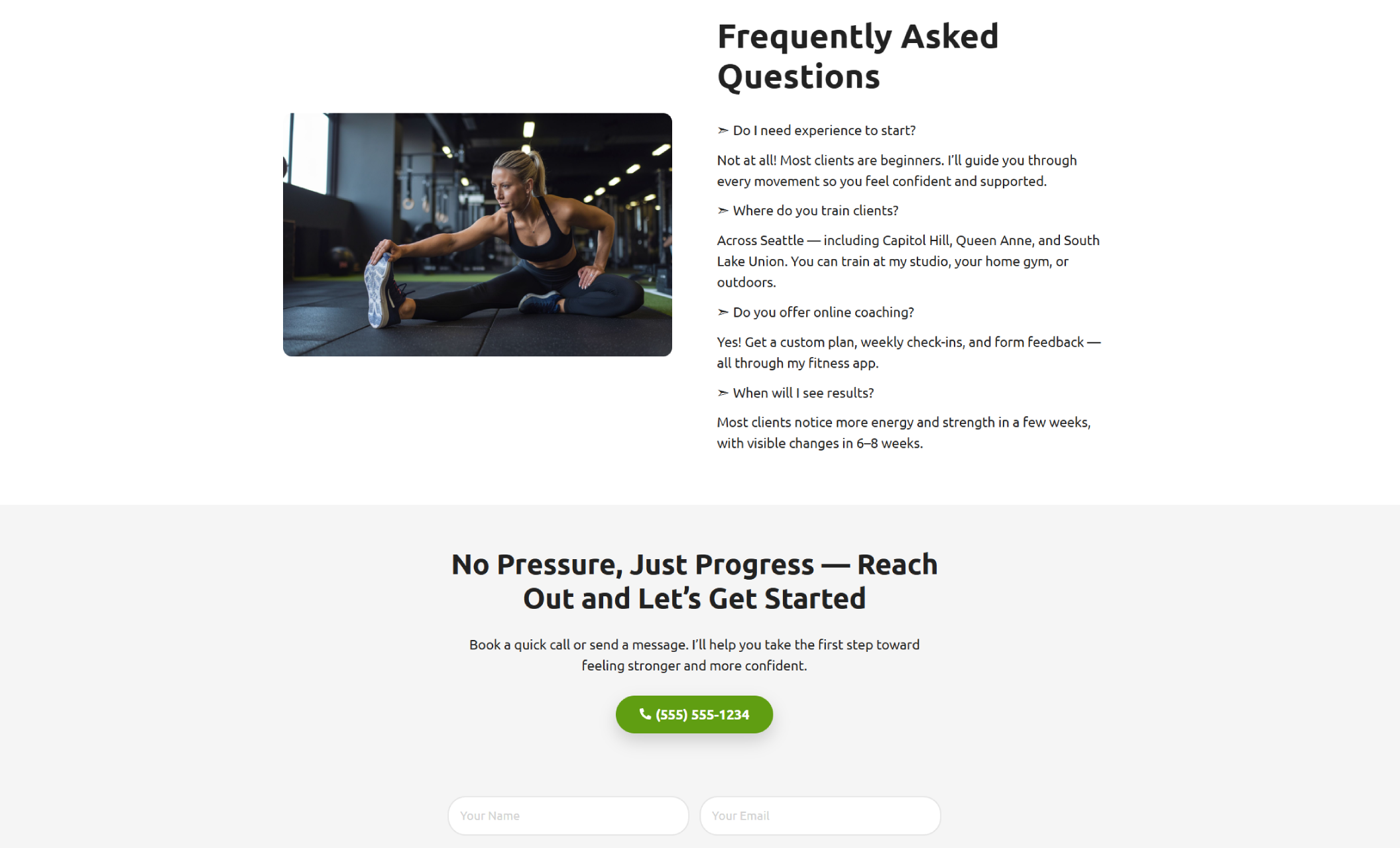 FAQ and contact section of Get Fit With Talia showing a trainer stretching in a gym next to a list of frequently asked questions, followed by a light gray call-to-action area with the headline “No Pressure, Just Progress — Reach Out and Let’s Get Started.”