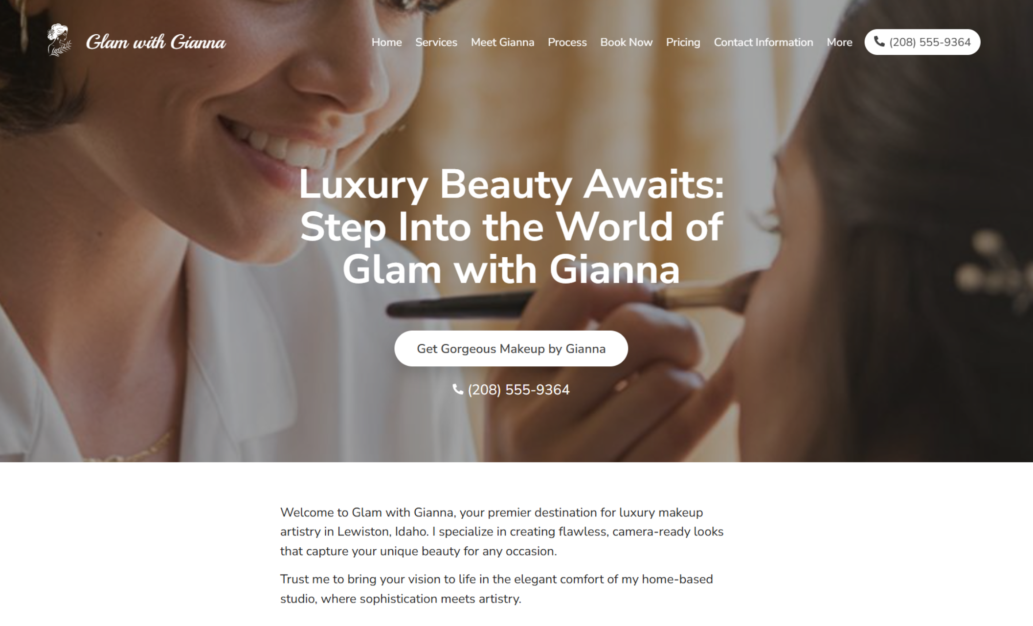 Glam with Gianna homepage featuring a smiling woman applying makeup to a bride, with the headline “Luxury Beauty Awaits: Step Into the World of Glam with Gianna” and a call-to-action button that reads “Get Gorgeous Makeup by Gianna”