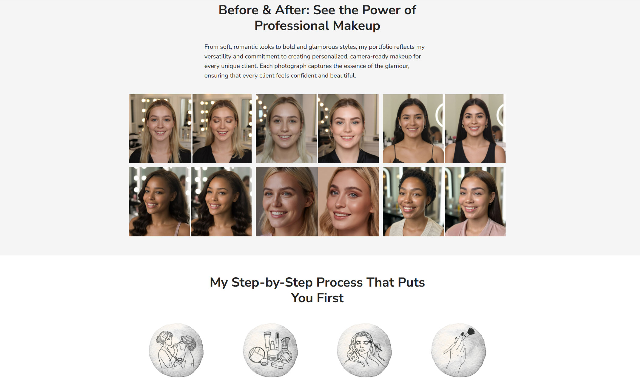 Gallery of before-and-after portraits showcasing women with natural makeup transformations, beneath the headline “Before & After: See the Power of Professional Makeup” and a description of personalized, camera-ready beauty services