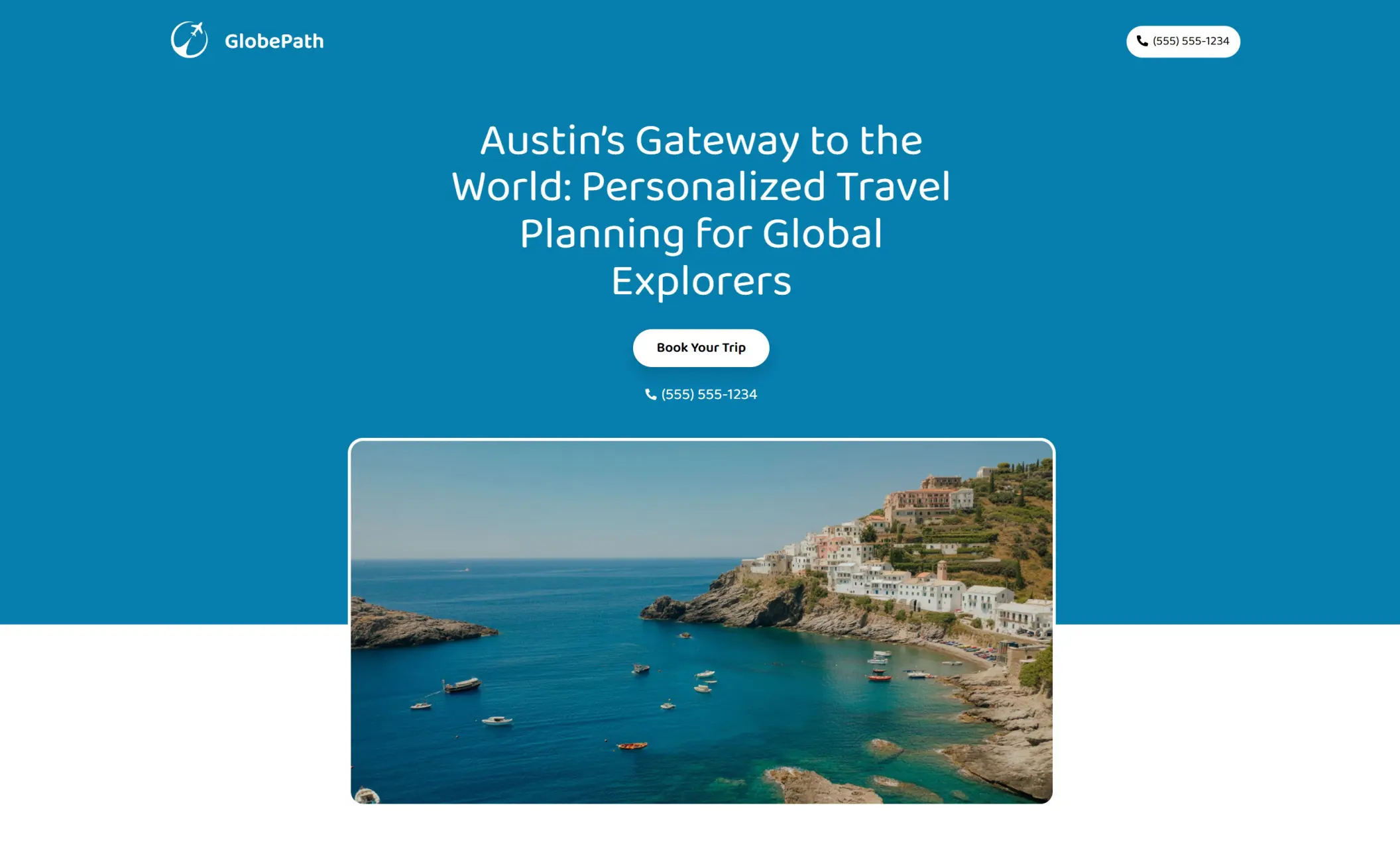 GlobePath's homepage featuring the image of a landscape, company branding, call-to-action button, and a phone number