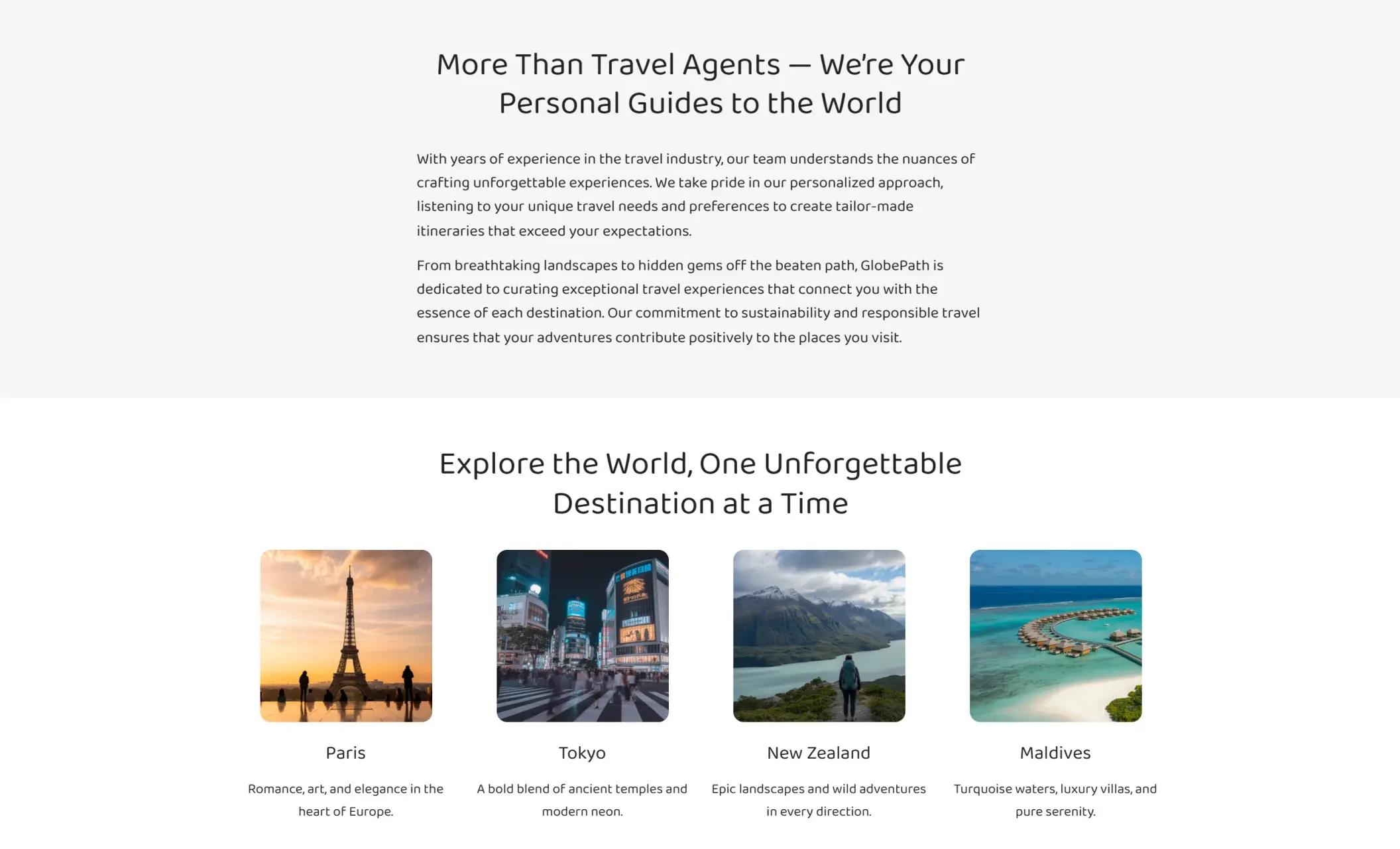 GlobePath's website displaying a section about the companies' mission, and a destination section