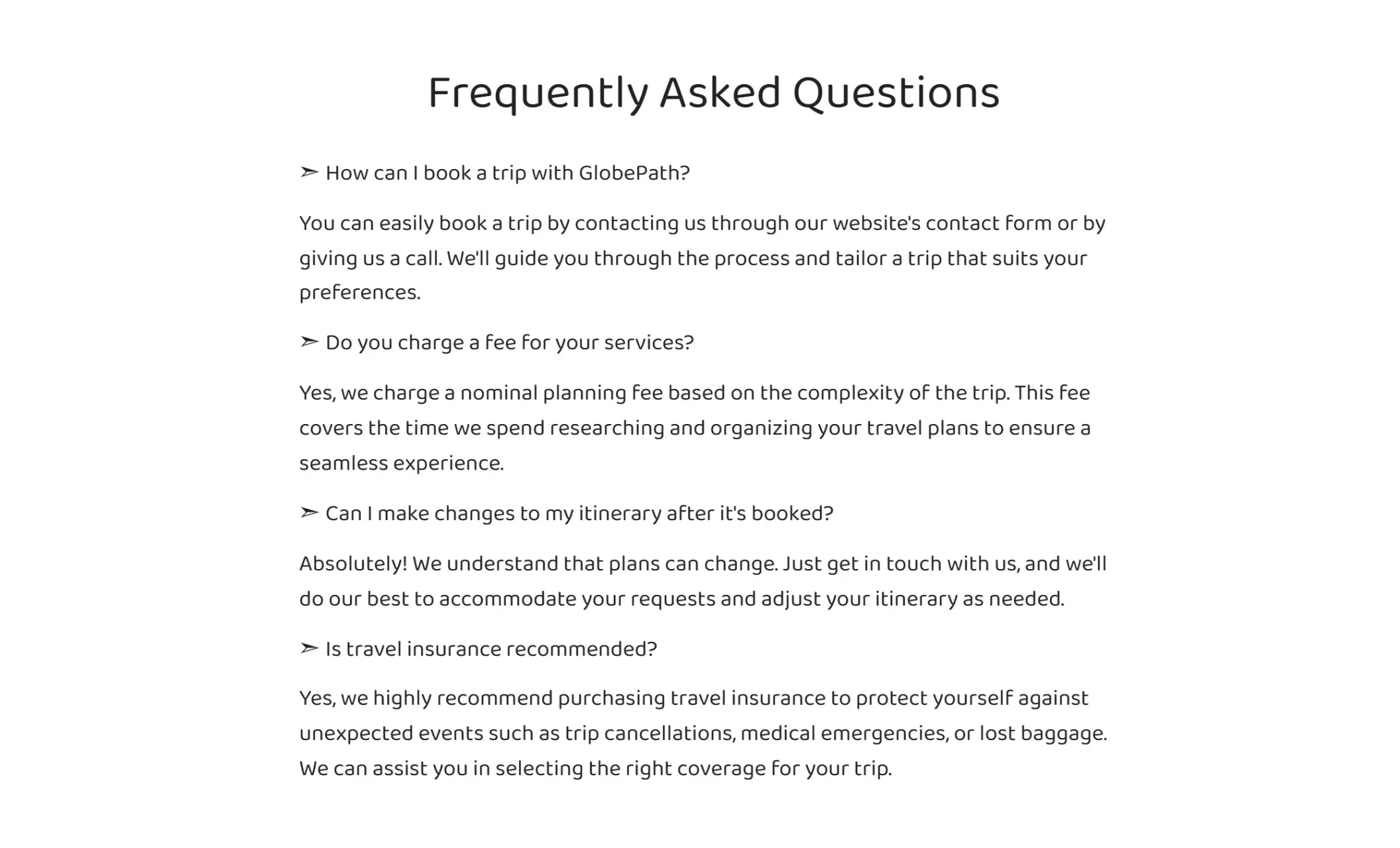 GlobePath's website displaying frequently asked questions
