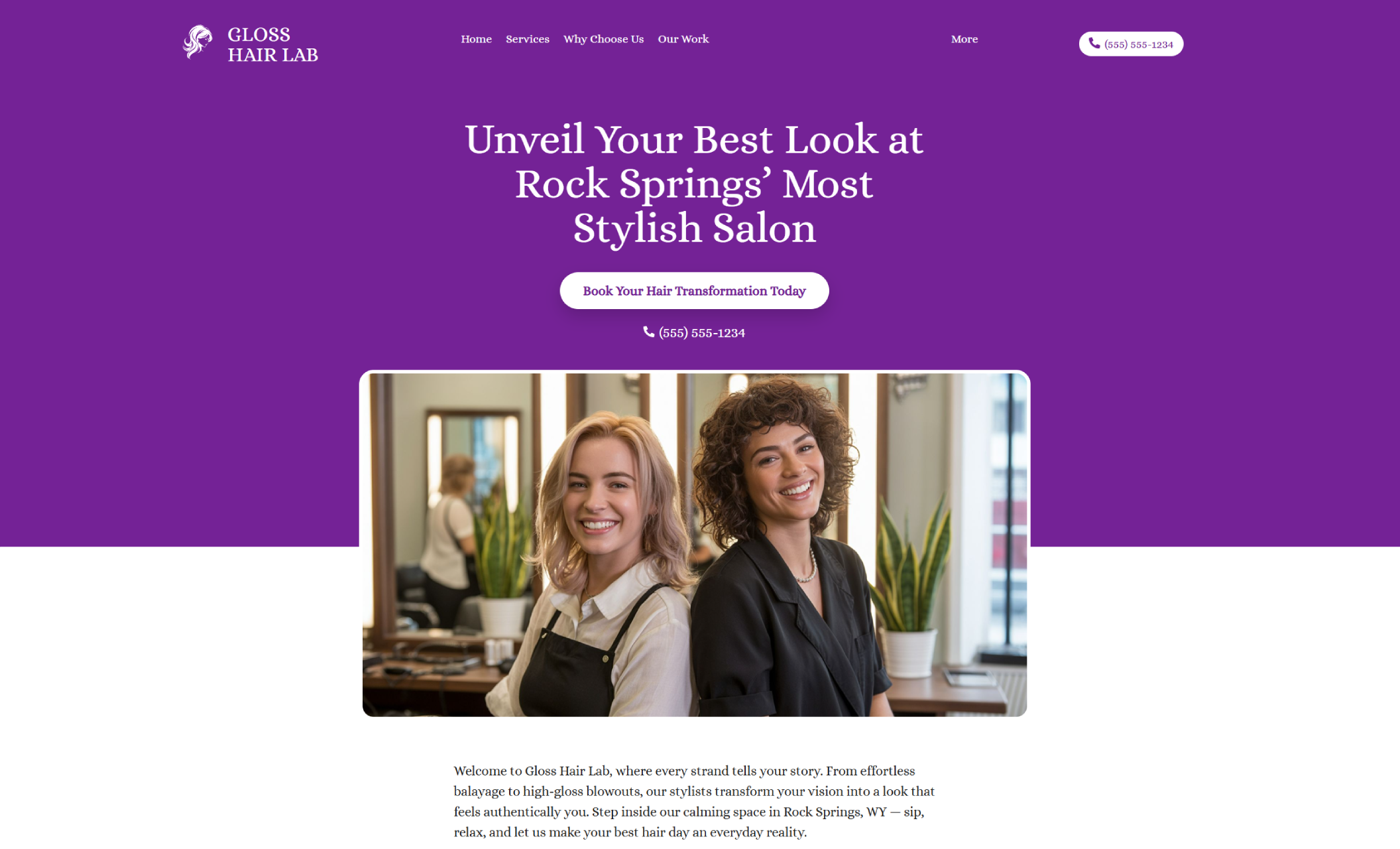Gloss Hair Lab homepage featuring two smiling stylists in black salon attire beside the headline “Unveil Your Best Look at Rock Springs’ Most Stylish Salon” with a purple “Book Your Hair Transformation Today” button