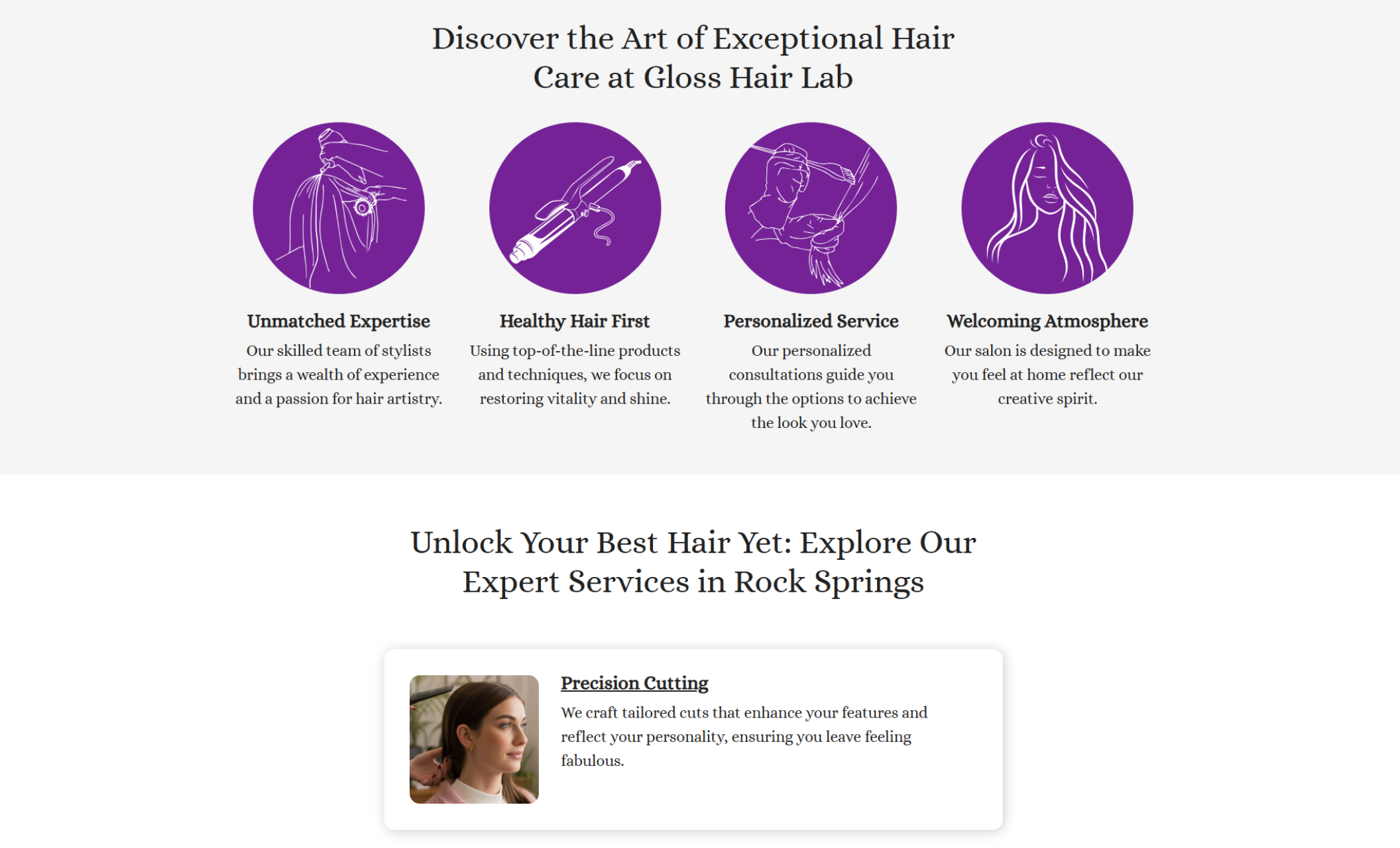 A section from Gloss Hair Lab highlighting four illustrated icons — “Unmatched Expertise,” “Healthy Hair First,” “Personalized Service,” and “Welcoming Atmosphere” — each with short supporting text in purple tones