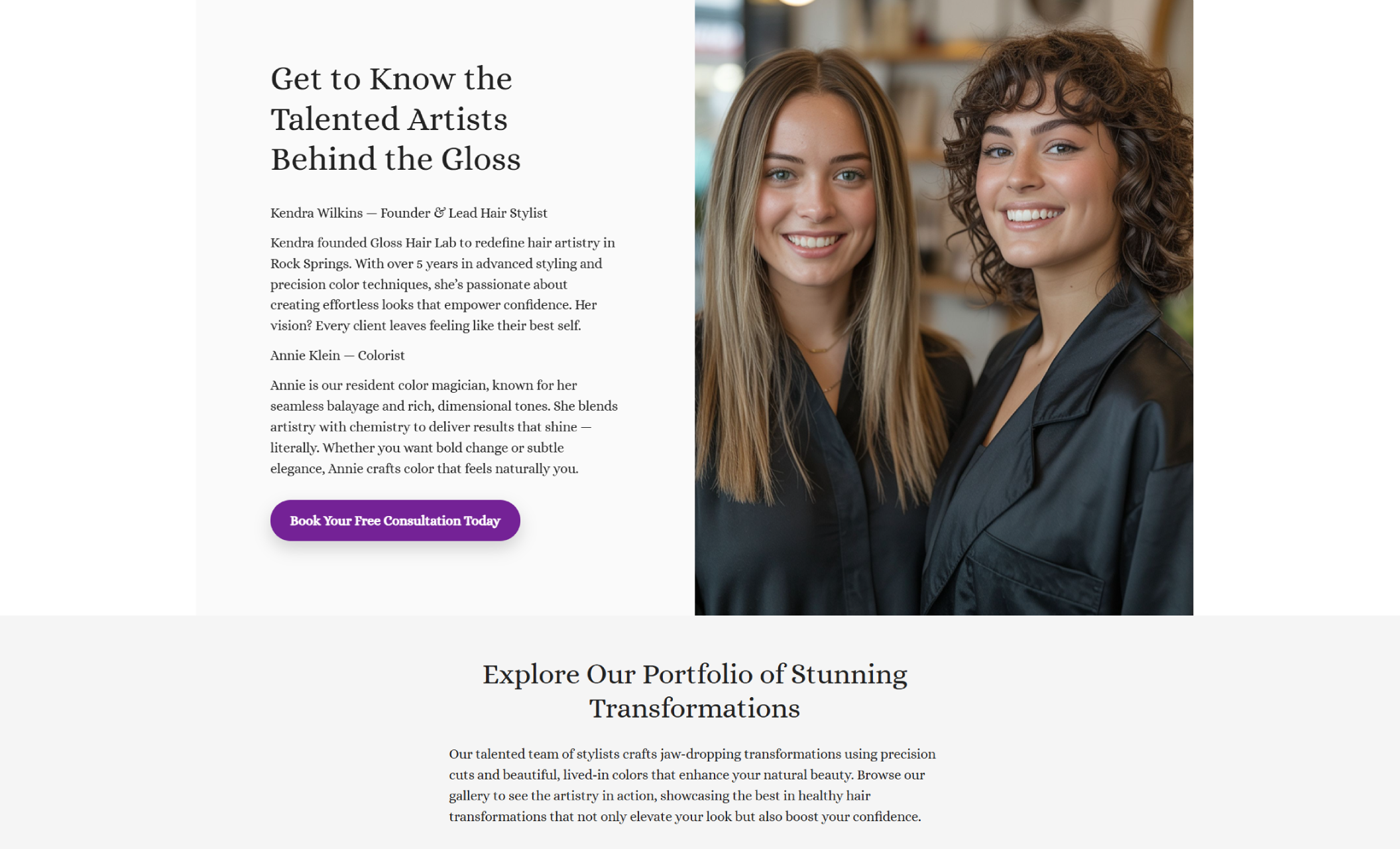 Meet the team section of Gloss Hair Lab featuring stylists Kendra Wilkins and Annie Klein smiling in a bright salon environment, accompanied by bios introducing their specialties and a purple “Book Your Free Consultation Today” button
