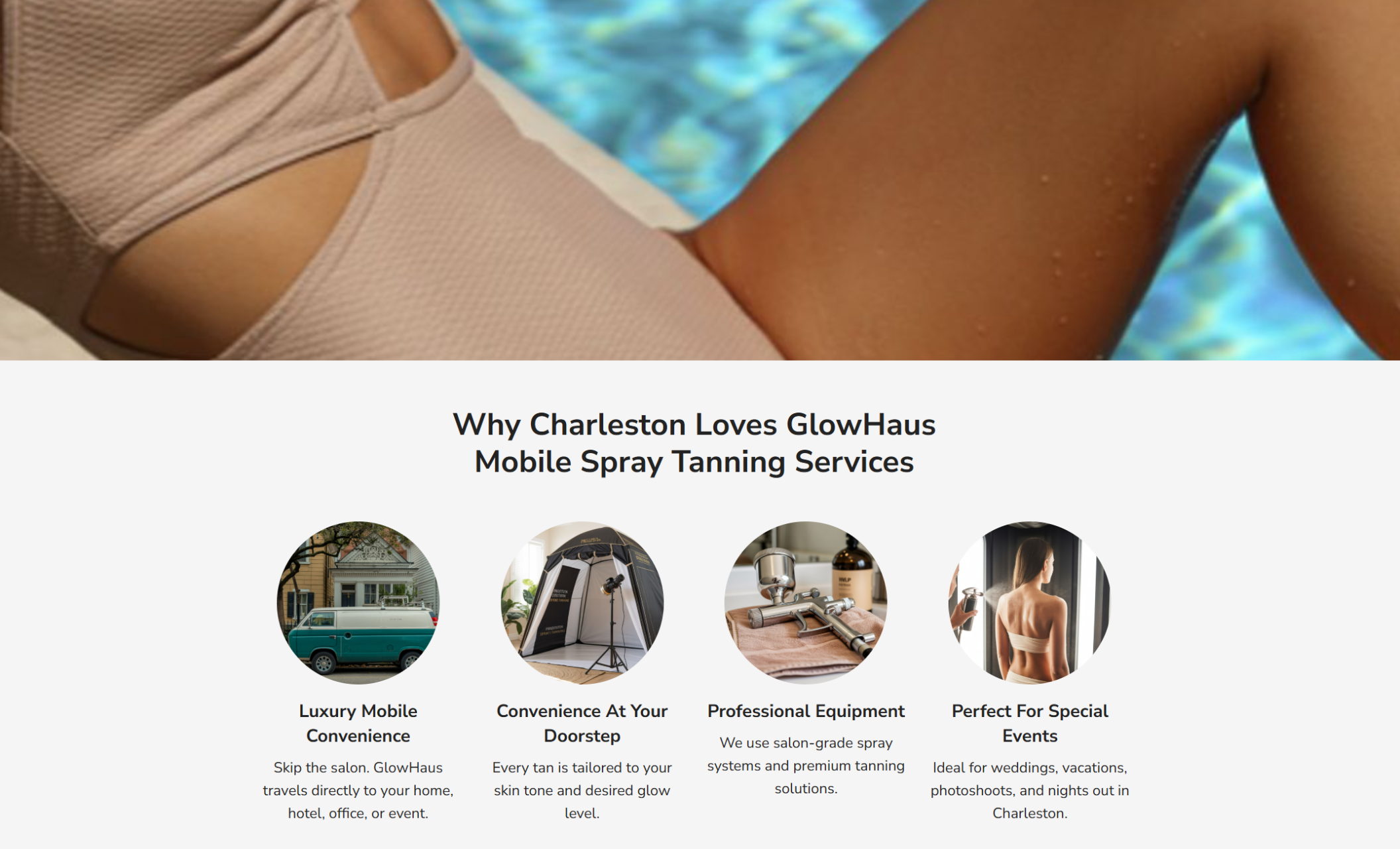 GlowHaus features section showcasing luxury mobile spray tanning in Charleston with icons for doorstep convenience, custom spray tan solutions, professional equipment, and services perfect for special events