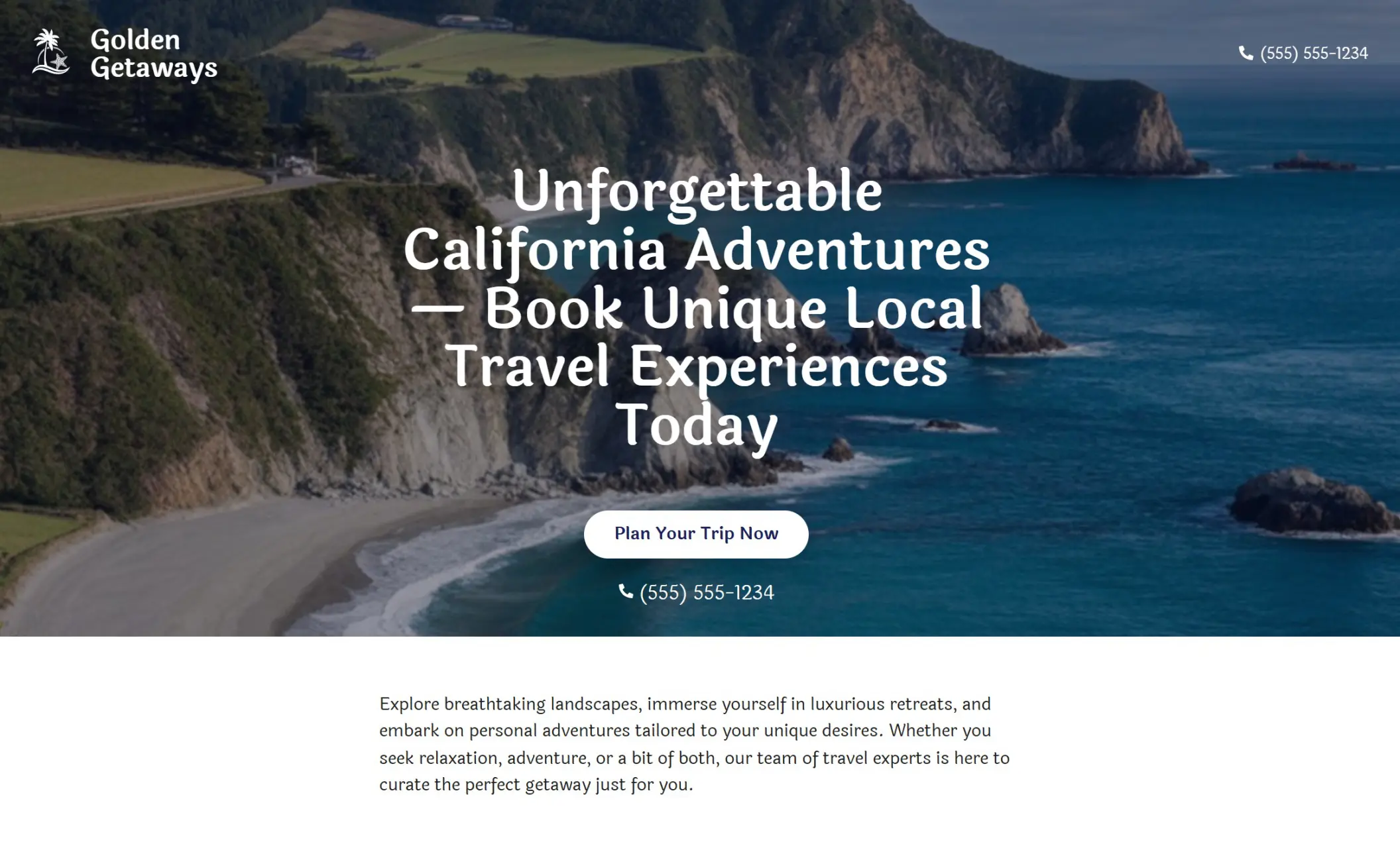 Golden Getaways' homepage featuring the image of a landscape, company branding, call-to-action button, and a brief introduction of the company