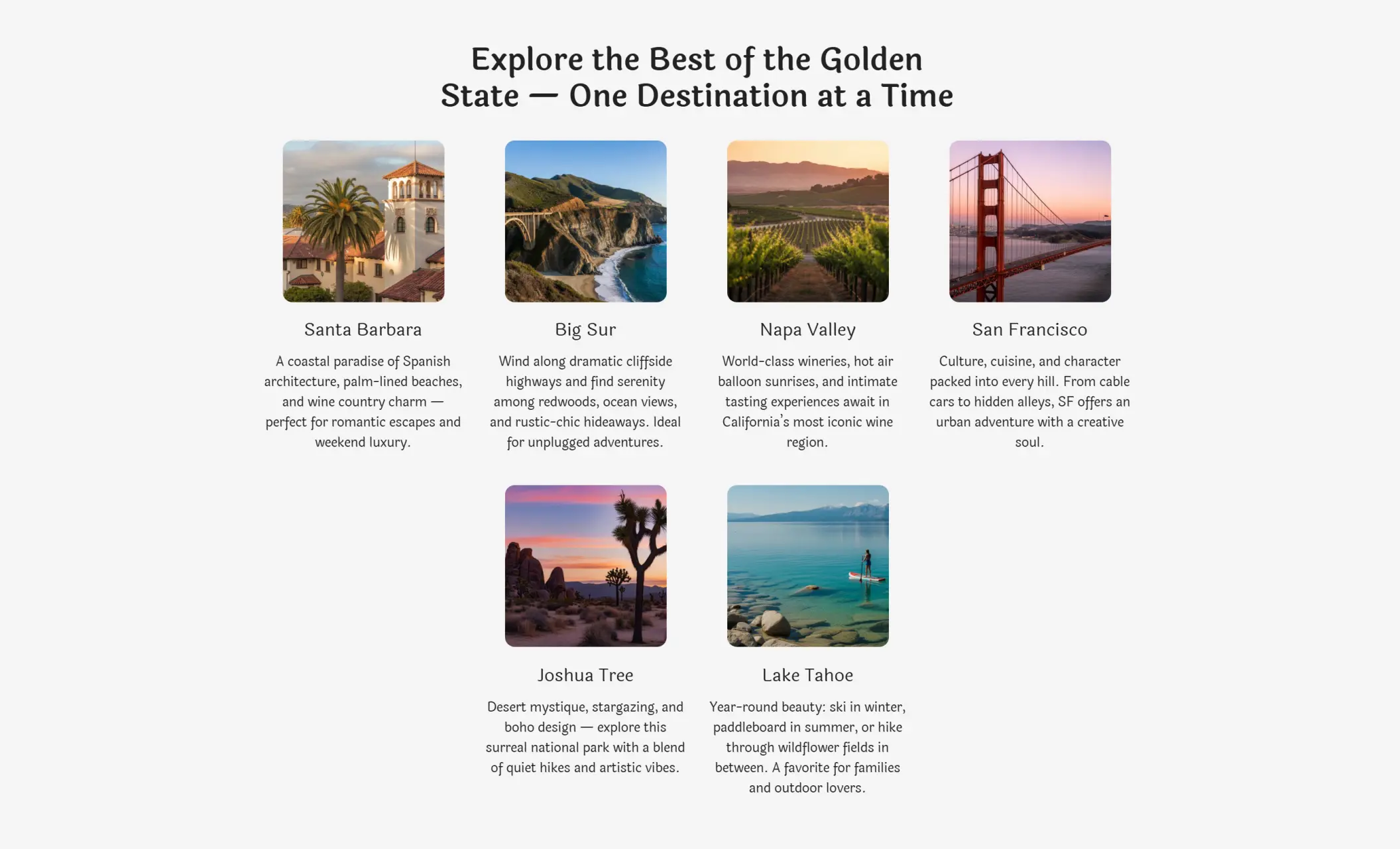 Golden Getaways' website displaying a section about destinations