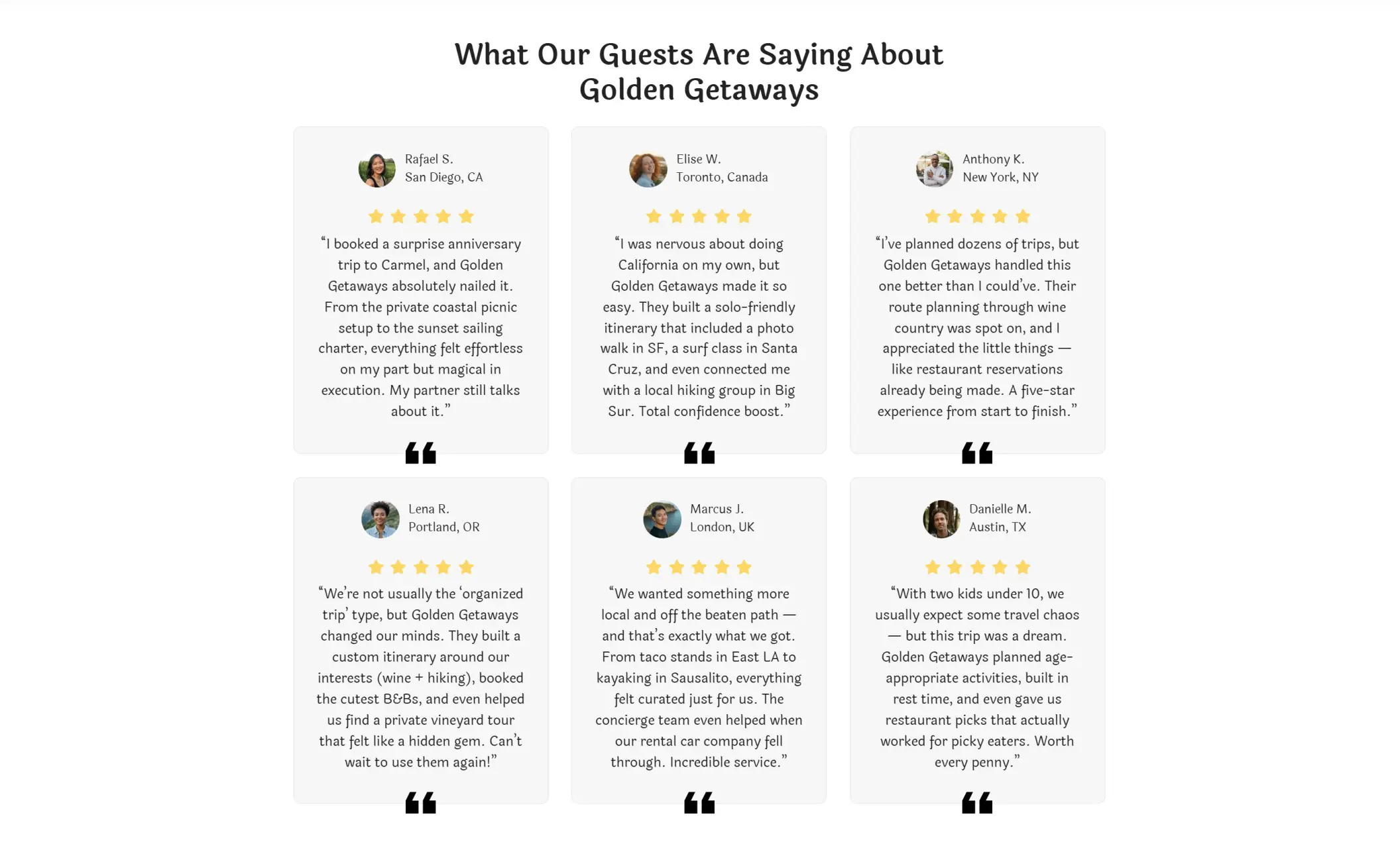 Golden Getaways' website displaying client testimonials