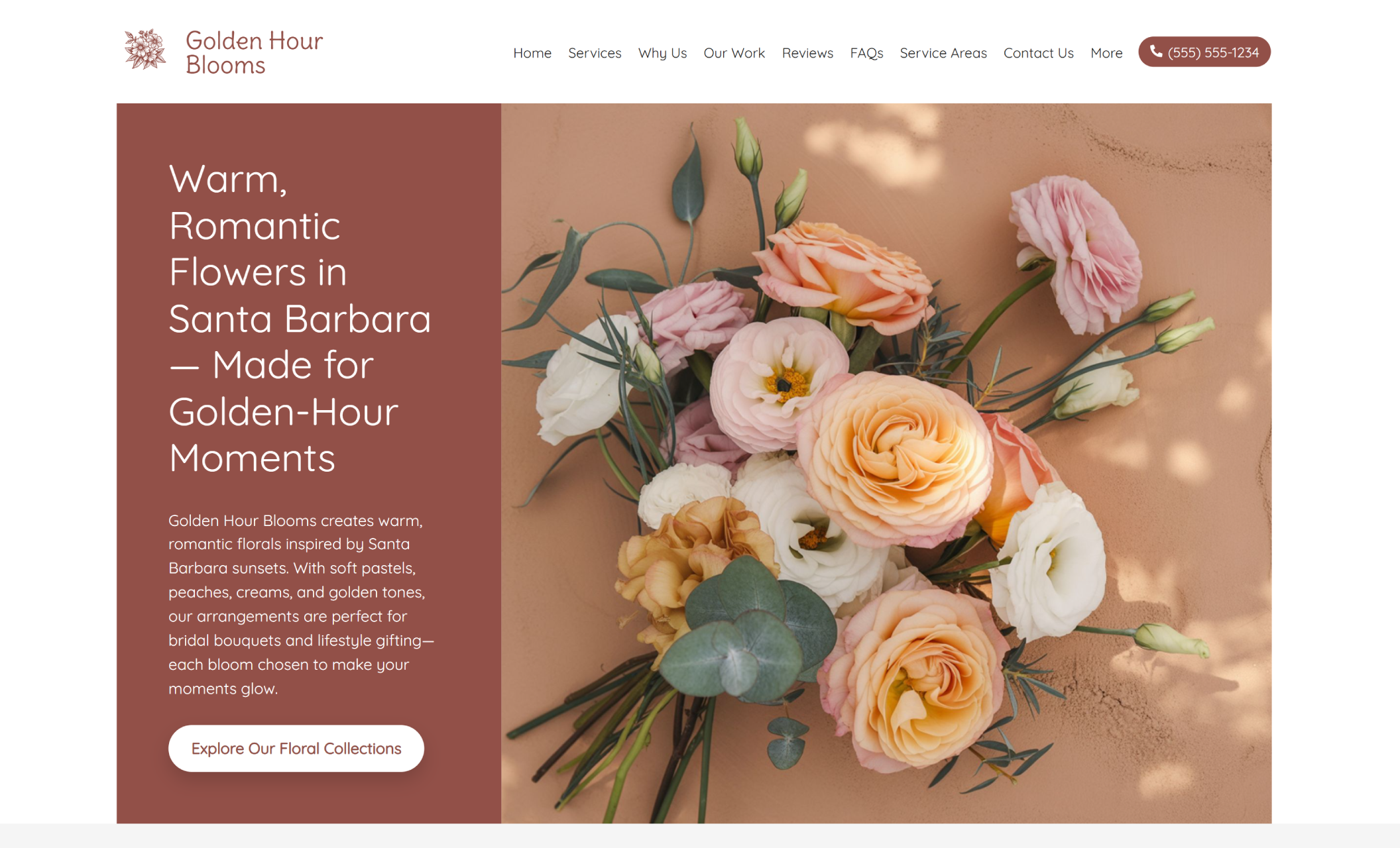 The Golden Hour Blooms homepage hero section displaying a warm-toned bouquet of pastel and peach flowers against an earthy background beside the headline “Warm, Romantic Flowers in Santa Barbara — Made for Golden-Hour Moments” and a white button labeled “Explore Our Floral Collections.”