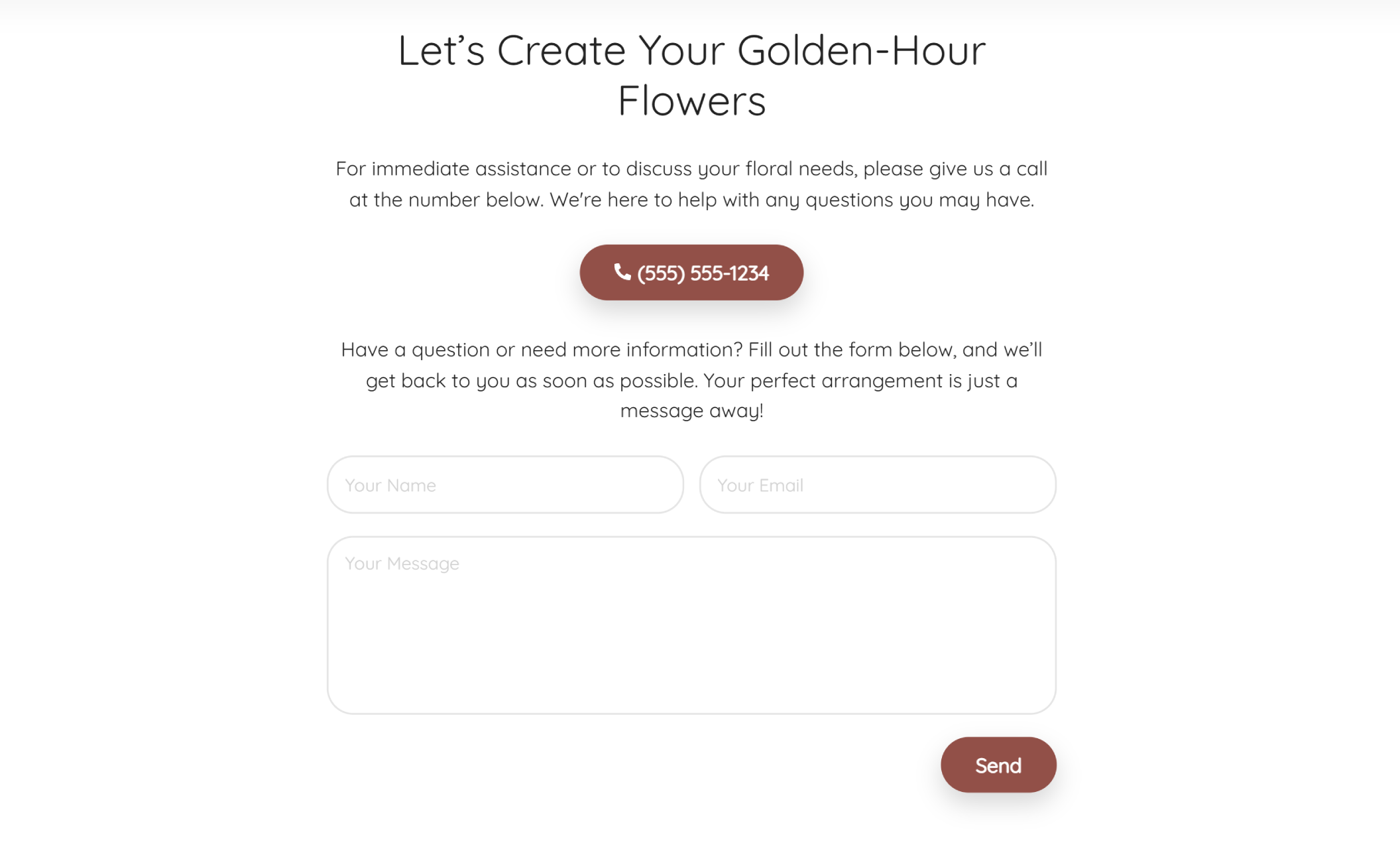 Contact section for Golden Hour Blooms featuring the headline “Let’s Create Your Golden-Hour Flowers,” a prominent terracotta call button displaying “(555) 555-1234,” and a clean white contact form with fields for name, email, and message above a rounded “Send” button