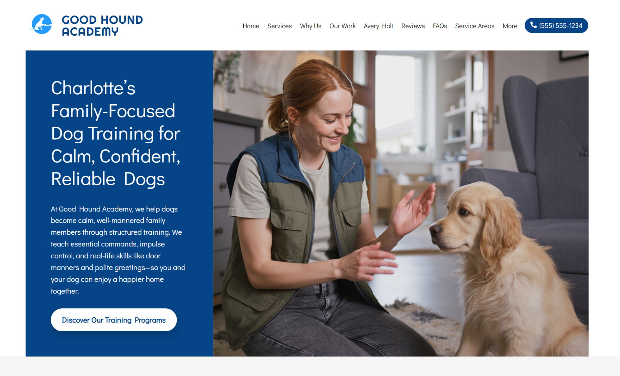 Good Hound Academy homepage hero featuring a smiling trainer kneeling beside a golden puppy in a cozy living room, next to the headline “Charlotte’s Family-Focused Dog Training for Calm, Confident, Reliable Dogs” and a blue call-to-action button that reads “Discover Our Training Programs.”