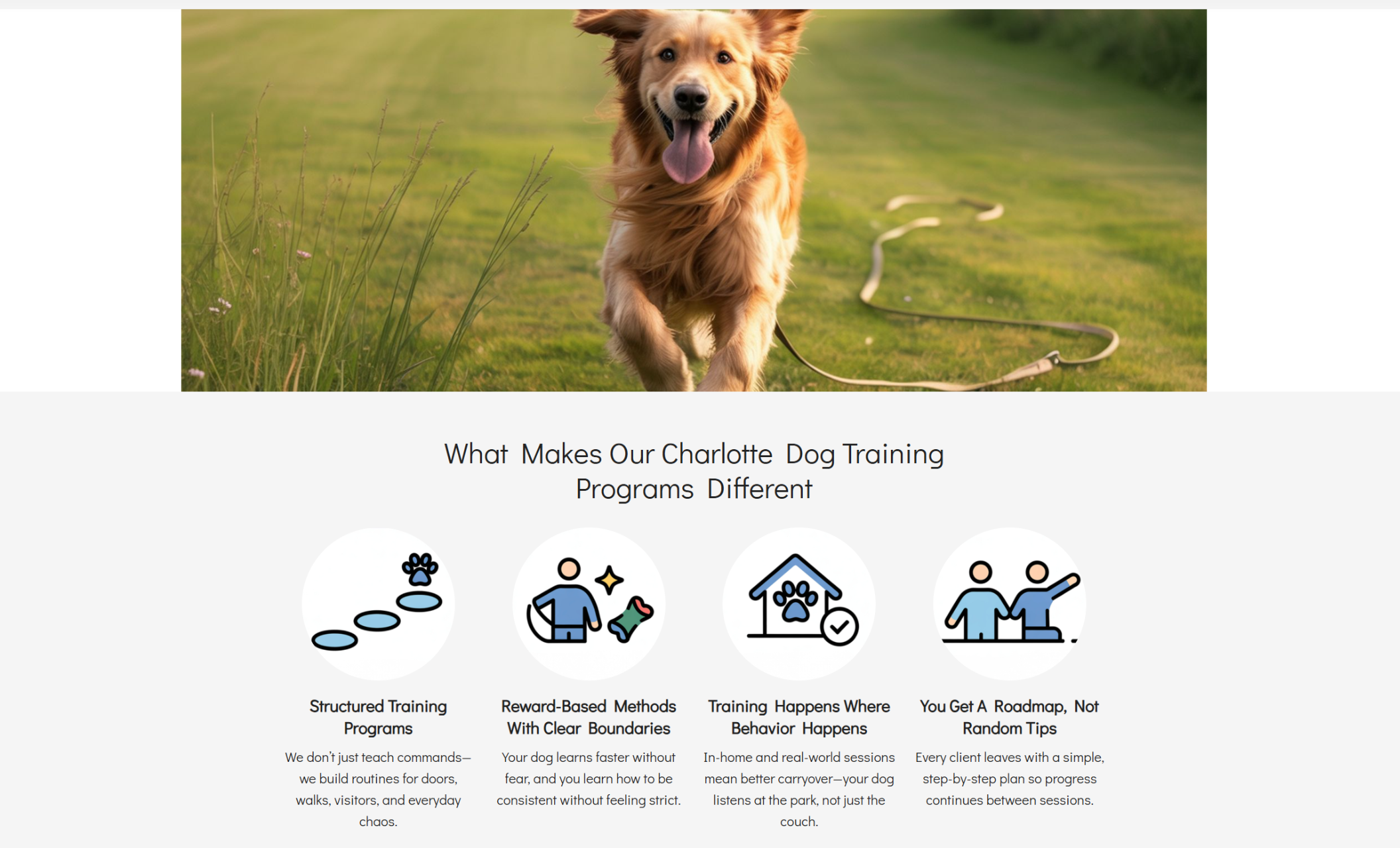 Good Hound Academy features section displaying four illustrated icons with headings like “Structured Training Programs” and “Reward-Based Methods With Clear Boundaries,” beneath a running golden retriever hero image