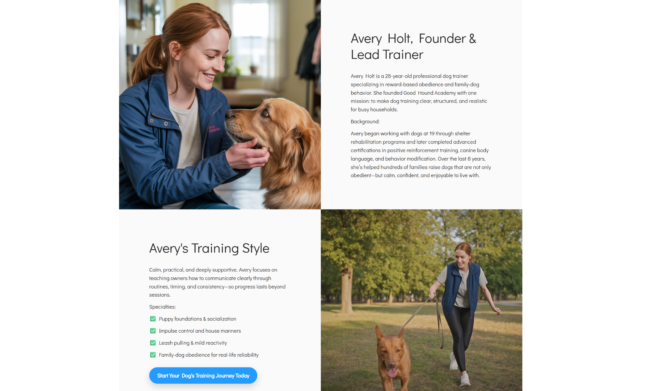 Good Hound Academy trainer bio section presenting a headshot of Avery Holt smiling at a golden retriever next to text introducing her as the founder and lead trainer, with a second photo below showing her walking a dog outdoors