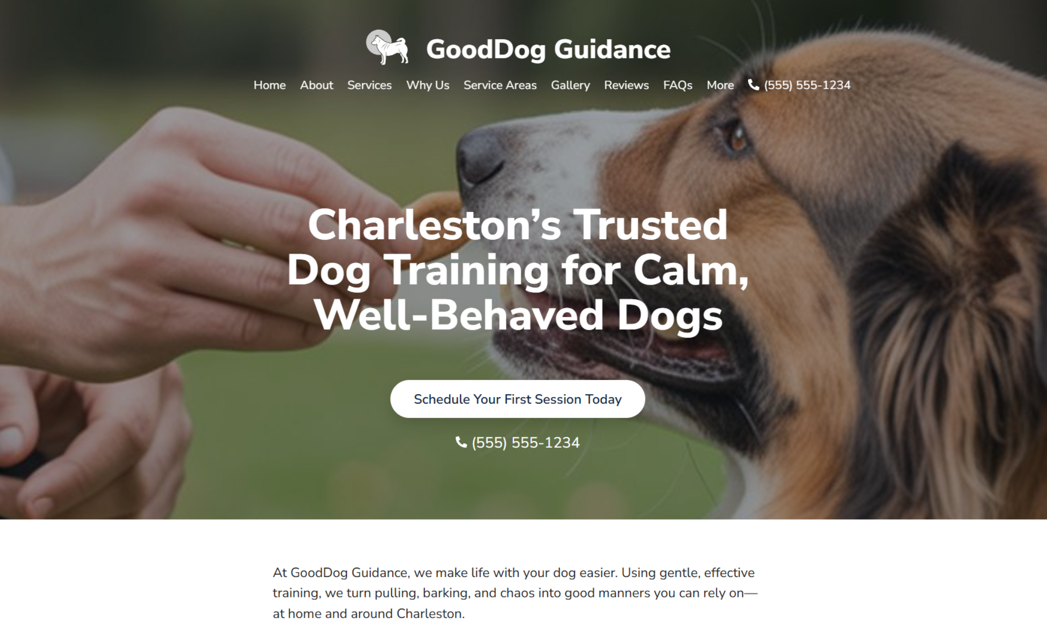 GoodDog Guidance homepage hero featuring a close-up photo of a dog receiving a treat, paired with the headline “Charleston’s Trusted Dog Training for Calm, Well-Behaved Dogs” and a “Schedule Your First Session Today” button