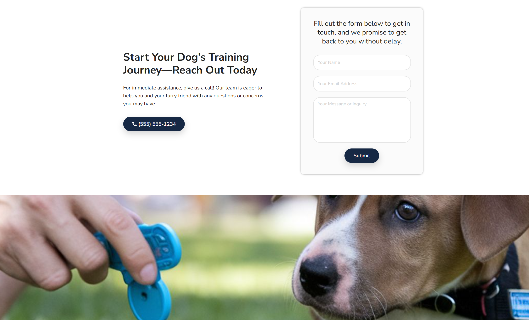 GoodDog Guidance contact section featuring a simple inquiry form beside the headline “Start Your Dog’s Training Journey—Reach Out Today,” with a phone number button for immediate assistance