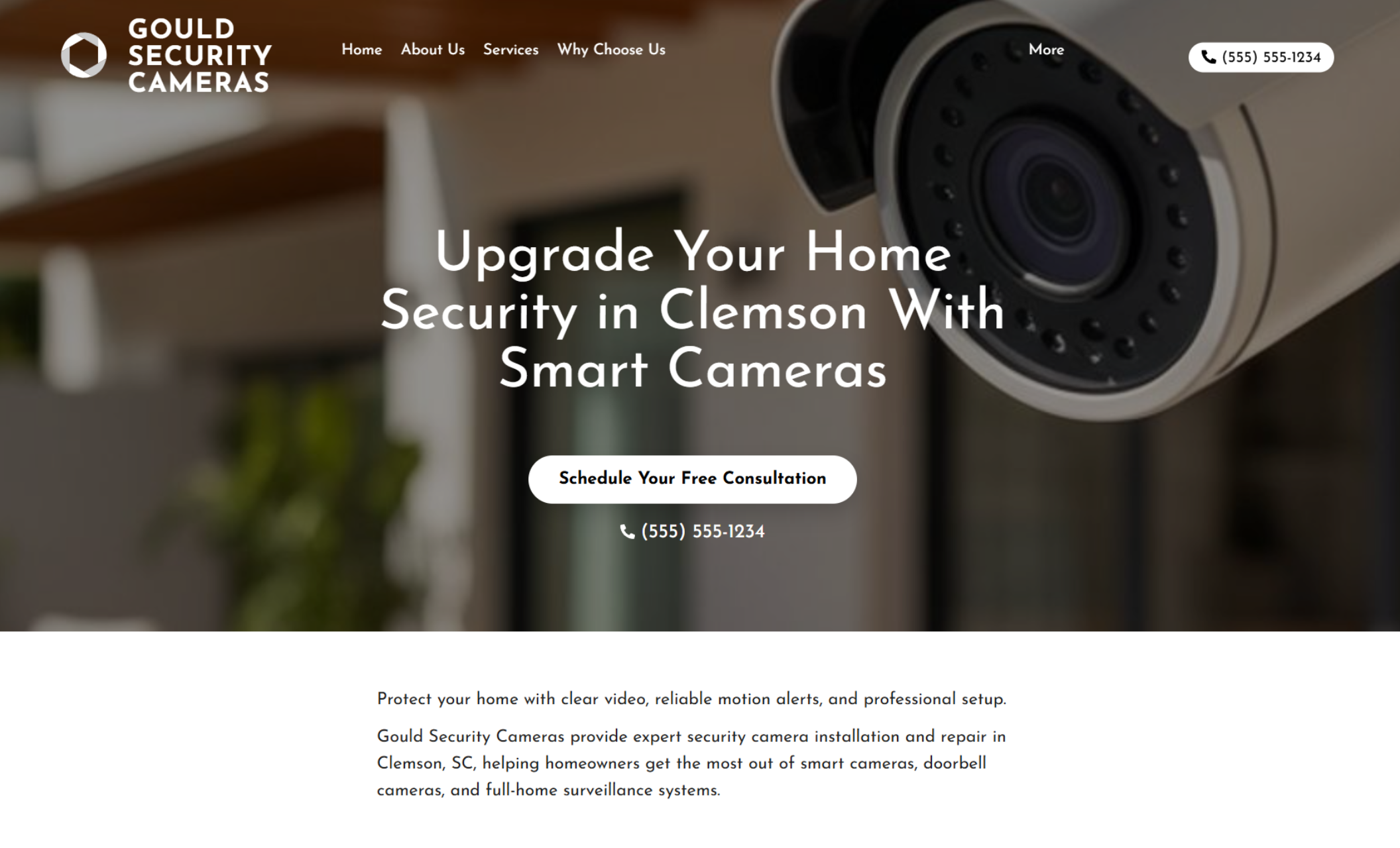 Gould Security Cameras homepage hero showing a close-up of a security camera beside the headline “Upgrade Your Home Security in Clemson With Smart Cameras” with a white “Schedule Your Free Consultation” button and phone number displayed underneath