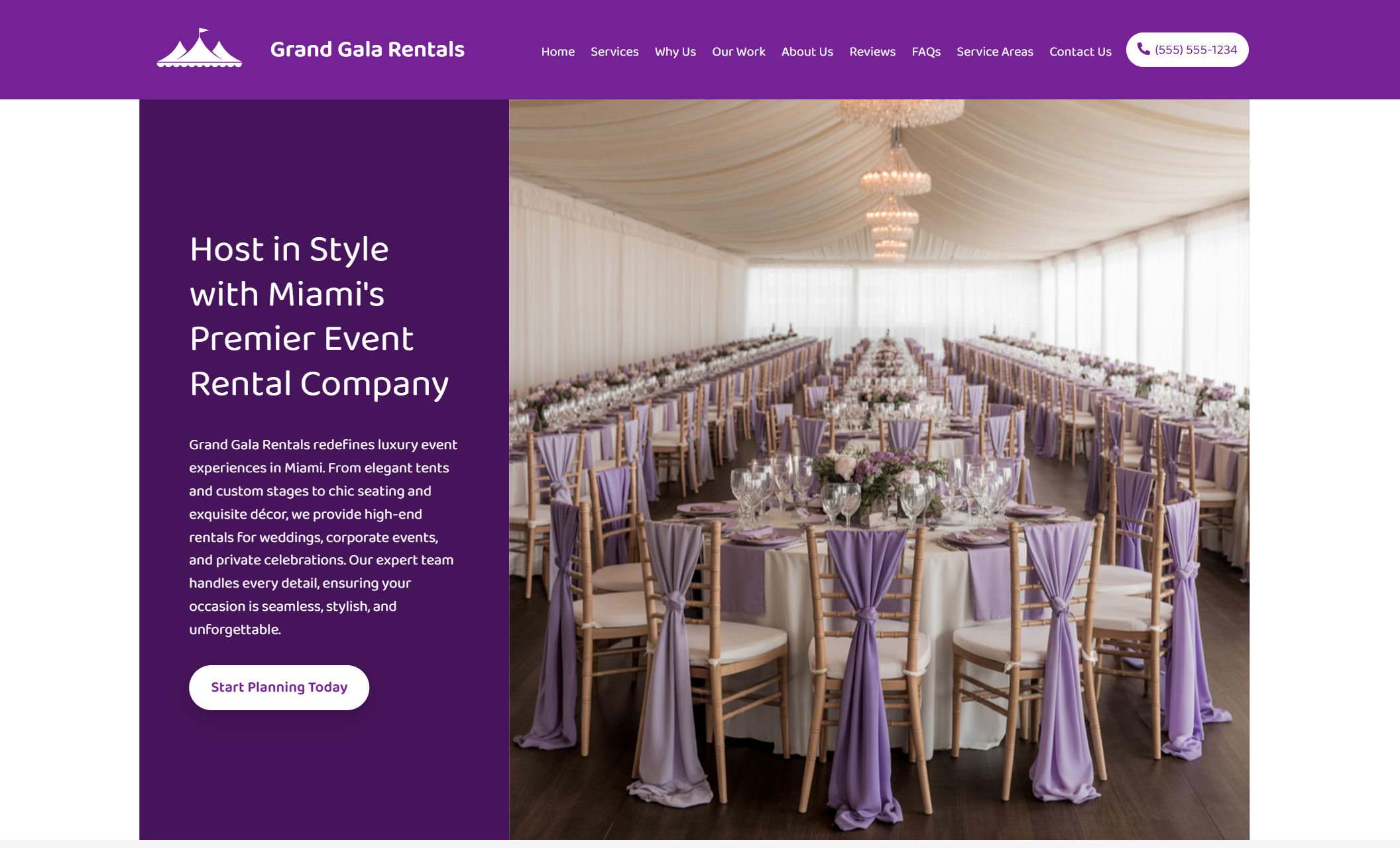 Grand Gala Rentals homepage featuring a sweeping photo of a banquet hall with rows of round tables, crystal chandeliers, and chairs draped in lavender sashes, beside the headline “Host in Style with Miami’s Premier Event Rental Company.”