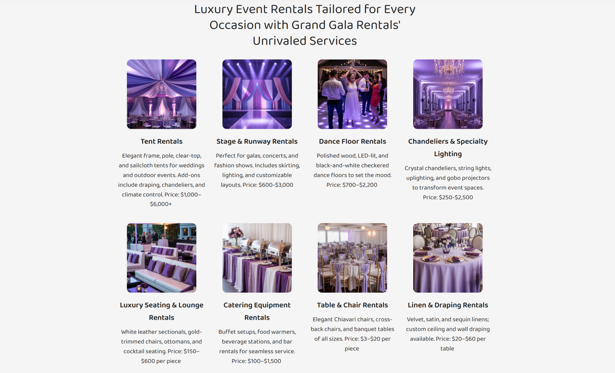 Grand Gala Rentals services section titled “Luxury Event Rentals Tailored for Every Occasion” with photo cards for tents, stages, dance floors, chandeliers, lounge seating, catering equipment, table and chair rentals, and linen and draping, each with pricing details