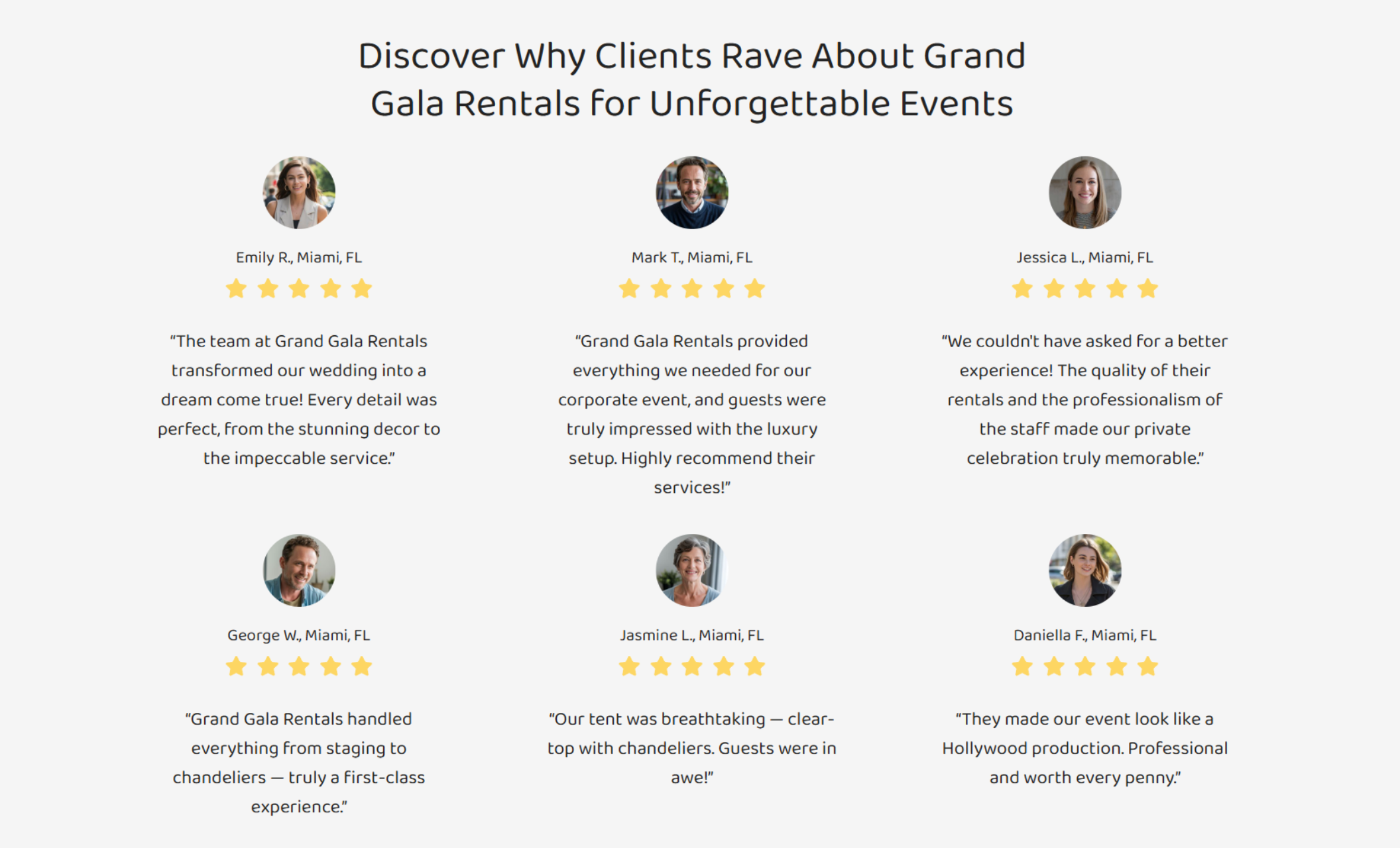 Grand Gala Rentals testimonials section with six client reviews on white cards featuring customer headshots, five-star ratings, and praise for weddings, corporate events, and private celebrations, under the headline “Discover Why Clients Rave About Grand Gala Rentals for Unforgettable Events.”