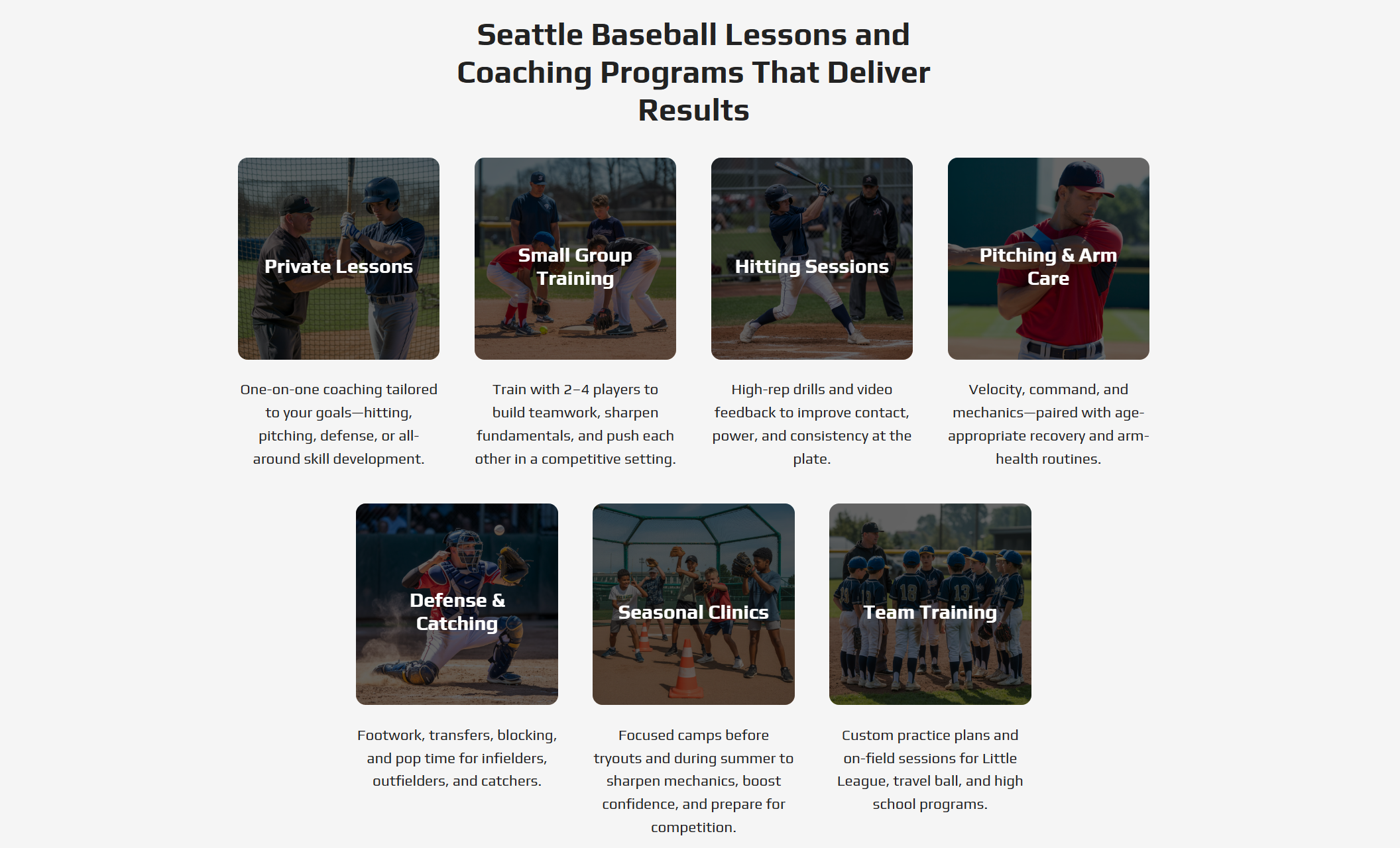 Grand Slam Academy programs section displaying six service cards — Private Lessons, Small Group Training, Hitting Sessions, Pitching & Arm Care, Defense & Catching, and Seasonal Clinics — each with photos of athletes in action