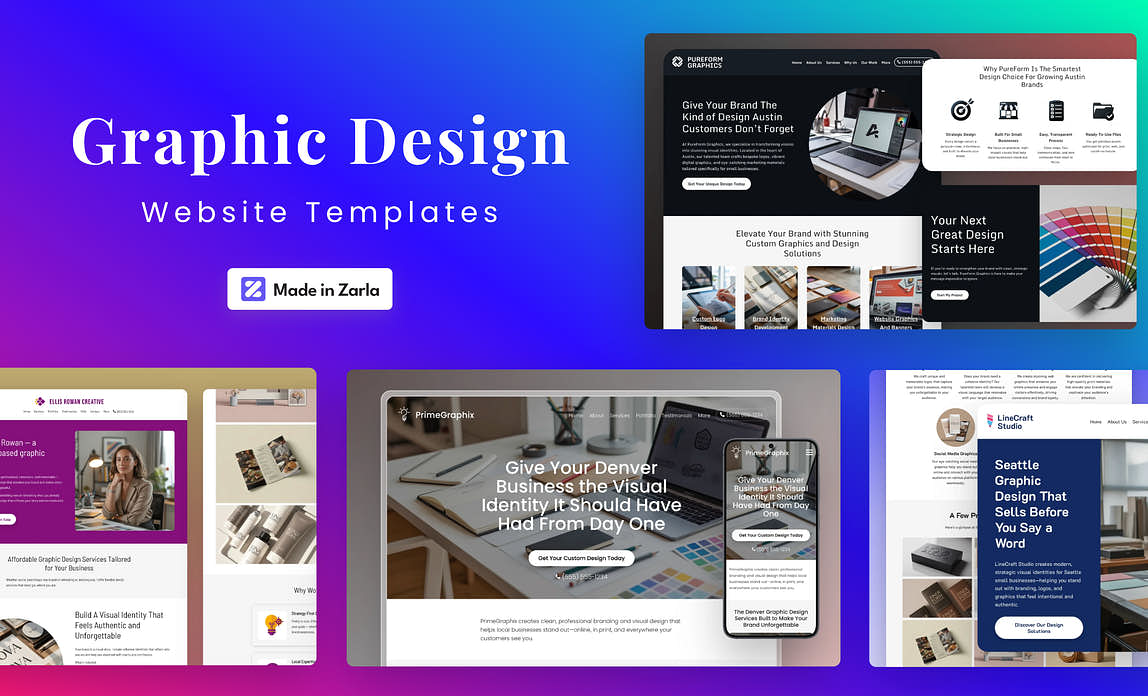 Collection of graphic design website templates created with Zarla
