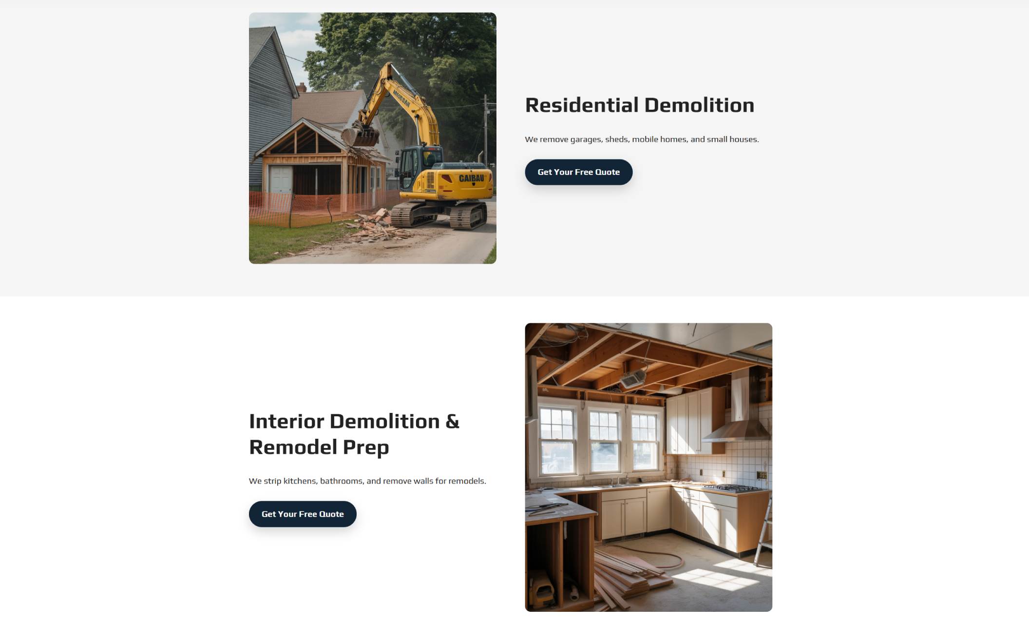 Great Lakes Demolition Co. interior demolition section with an image of a partially stripped kitchen and the headline “Interior Demolition & Remodel Prep” alongside a navy blue button that says “Get Your Free Quote.”