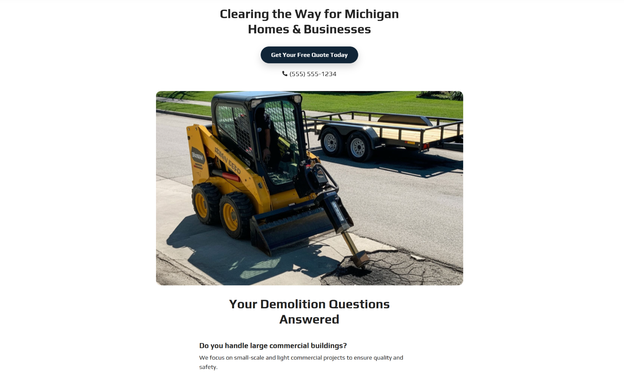 Great Lakes Demolition Co. service section showing a yellow excavator tearing down the front of a house beside the headline “Residential Demolition” and a dark blue button labeled “Get Your Free Quote.”