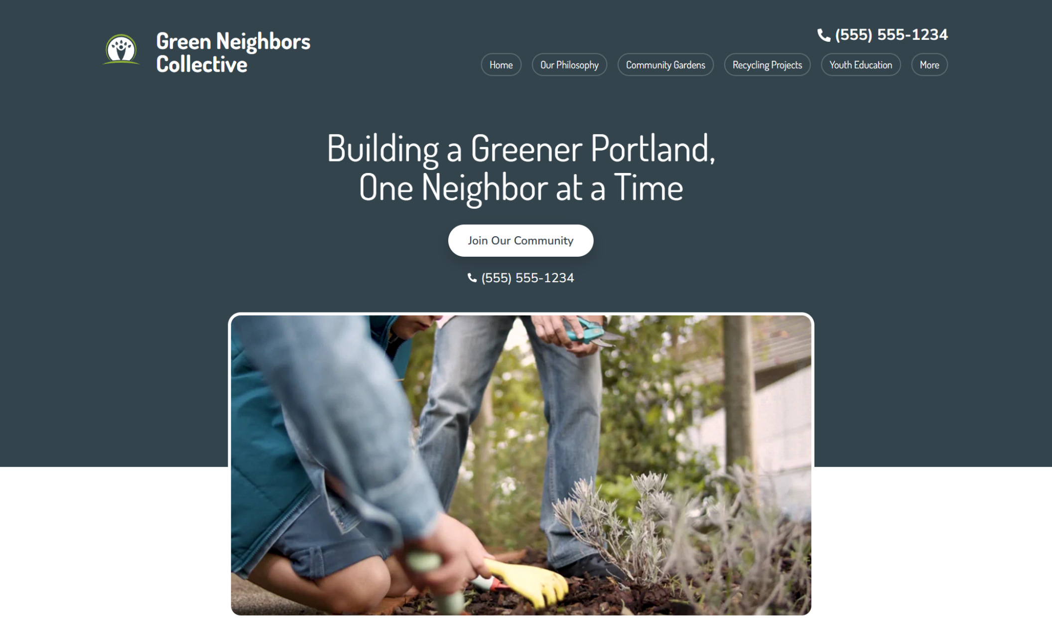 Green Neighbors Collective homepage hero featuring the headline “Building a Greener Portland, One Neighbor at a Time” above a photo of volunteers planting in a garden bed and a white button that says “Join Our Community.”
