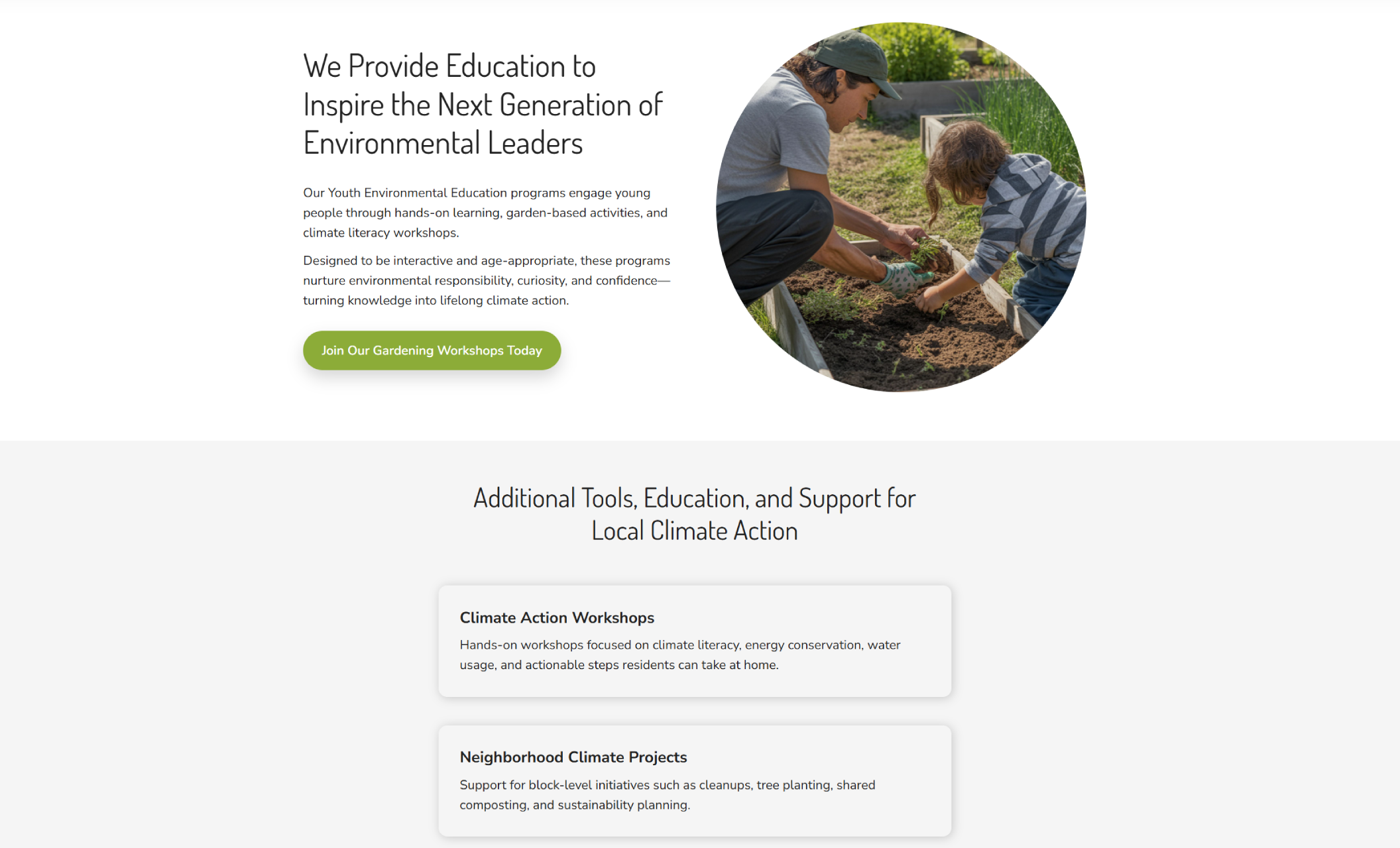 Green Neighbors Collective youth education section featuring the headline “We Provide Education to Inspire the Next Generation of Environmental Leaders” beside a circular photo of an adult and child gardening together and a button that says “Join Our Gardening Workshops Today.”
