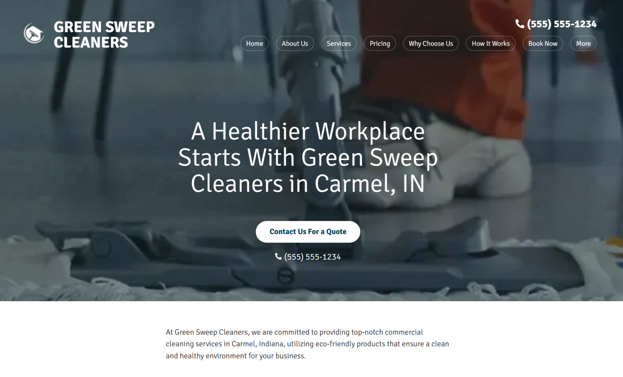 Green Sweep Cleaners homepage showing a close-up of floor cleaning equipment, a headline about healthier workplaces in Carmel, IN, and a centered call-to-action button