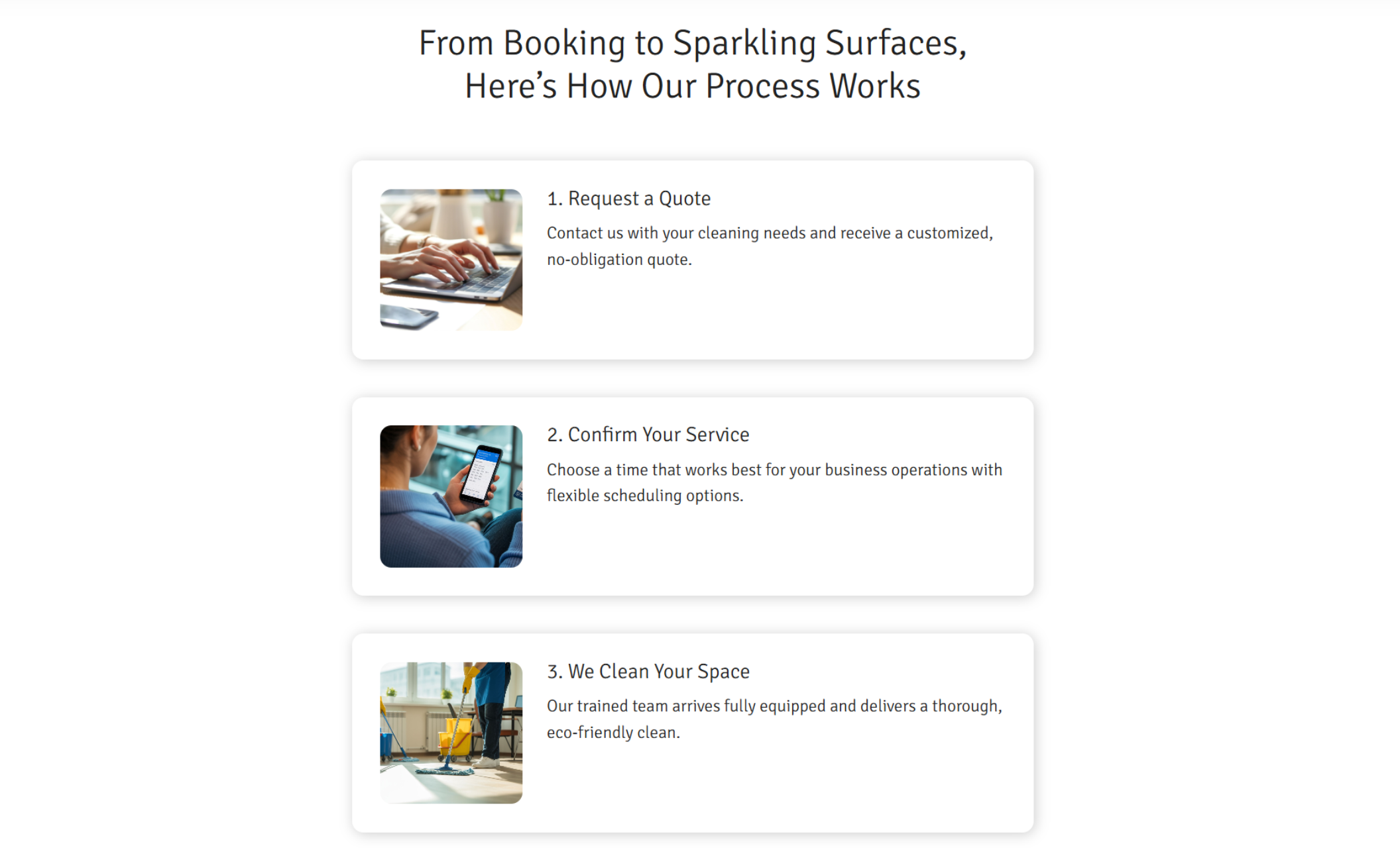 Step-by-step cleaning process section with three cards outlining requesting a quote, confirming service, and professional cleaning, each paired with supportive imagery