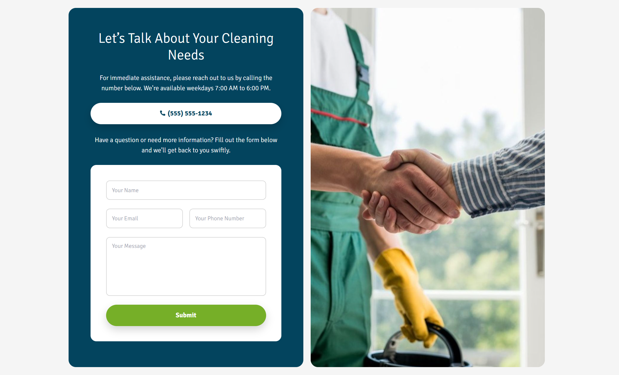 ontact section featuring a handshake image beside a dark teal panel with phone number, contact form, and headline inviting users to discuss cleaning needs