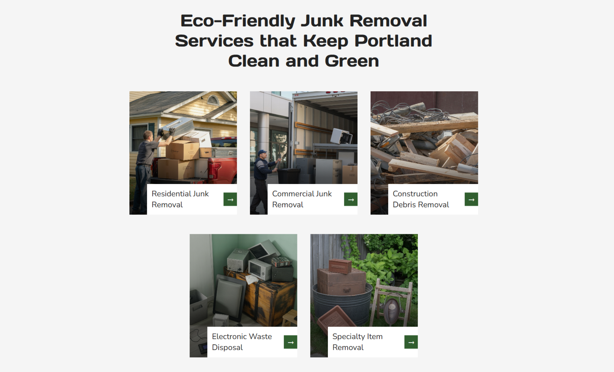 GreenHaul Junk Removal services section titled “Eco-Friendly Junk Removal Services that Keep Portland Clean and Green” with five service tiles for Residential Junk Removal, Commercial Junk Removal, Construction Debris Removal, Electronic Waste Disposal, and Specialty Item Removal