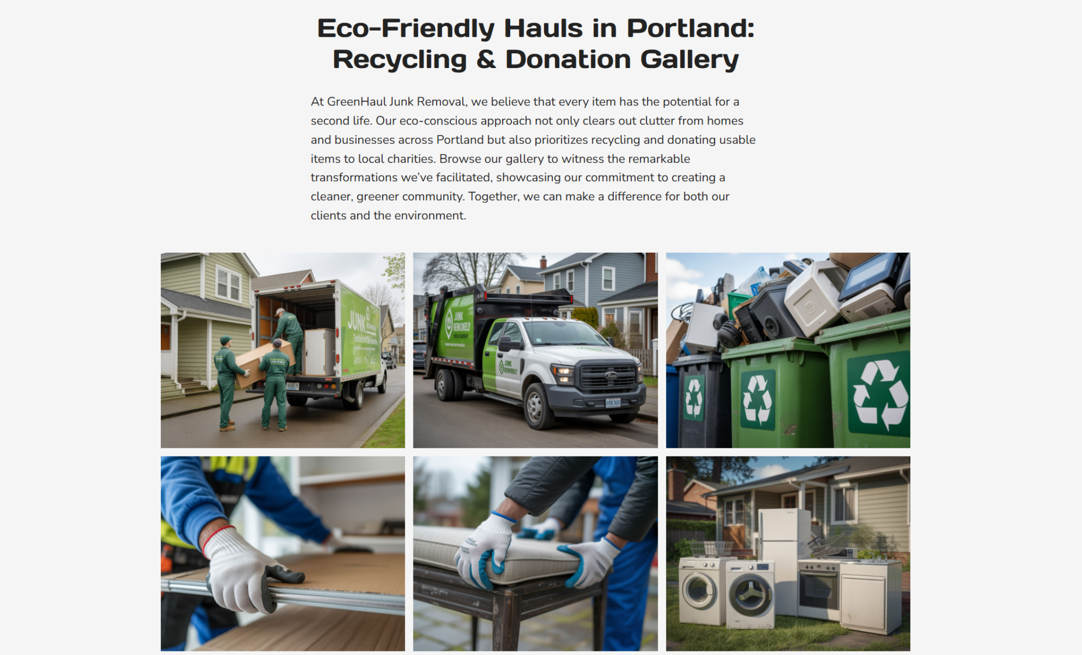 GreenHaul Junk Removal gallery section featuring the headline “Eco-Friendly Hauls in Portland: Recycling & Donation Gallery” above a photo grid showing crews loading trucks, hauling items, and sorting recycling bins