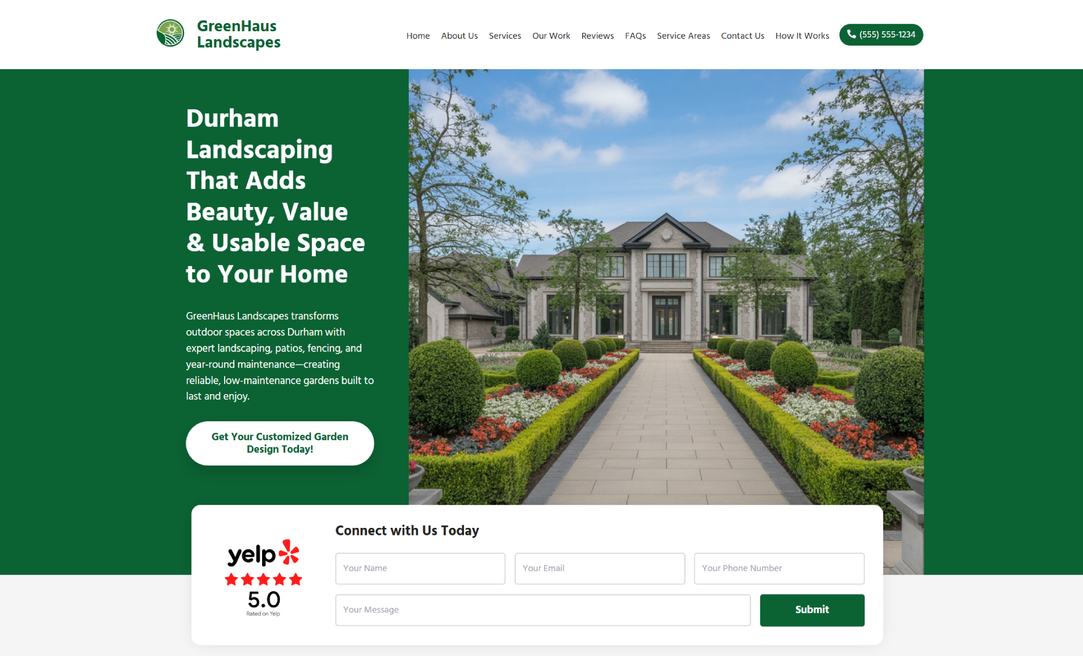 GreenHaus Landscapes homepage hero displaying a bold green sidebar with the headline “Durham Landscaping That Adds Beauty, Value & Usable Space to Your Home,” alongside a grand estate garden image and a “Get Your Customized Garden Design Today!” button