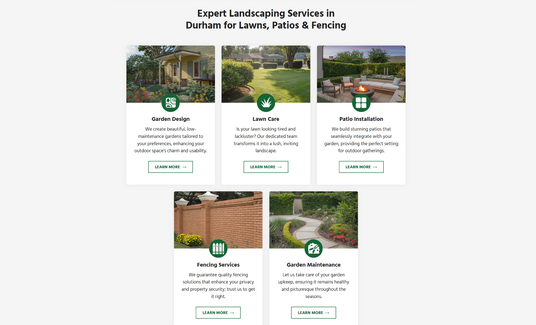 GreenHaus Landscapes local service section showing a circular image of a modern home and lawn next to the headline “Get Professional Garden Services in Durham,” followed by a green “Get Your Free Quote Today” button and a list of surrounding service areas