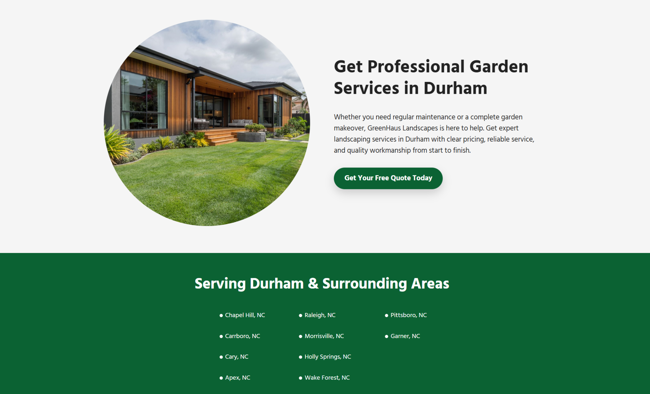 GreenHaus Landscapes contact section featuring a “Connect with Us Today” form beneath a Yelp 5.0 rating badge, positioned below the hero image of a symmetrical garden walkway leading to an elegant home