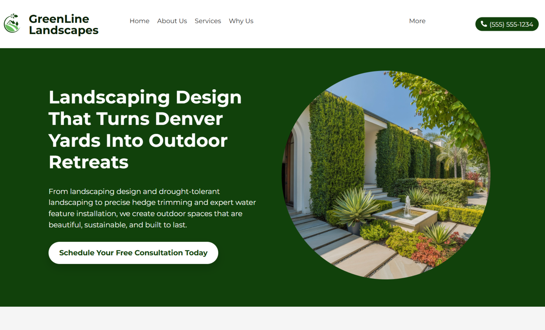 Homepage of GreenLine Landscapes with a bold green background, white headline reading “Landscaping Design That Turns Denver Yards Into Outdoor Retreats,” and a large circular photo of a modern home framed by tall hedges and a fountain