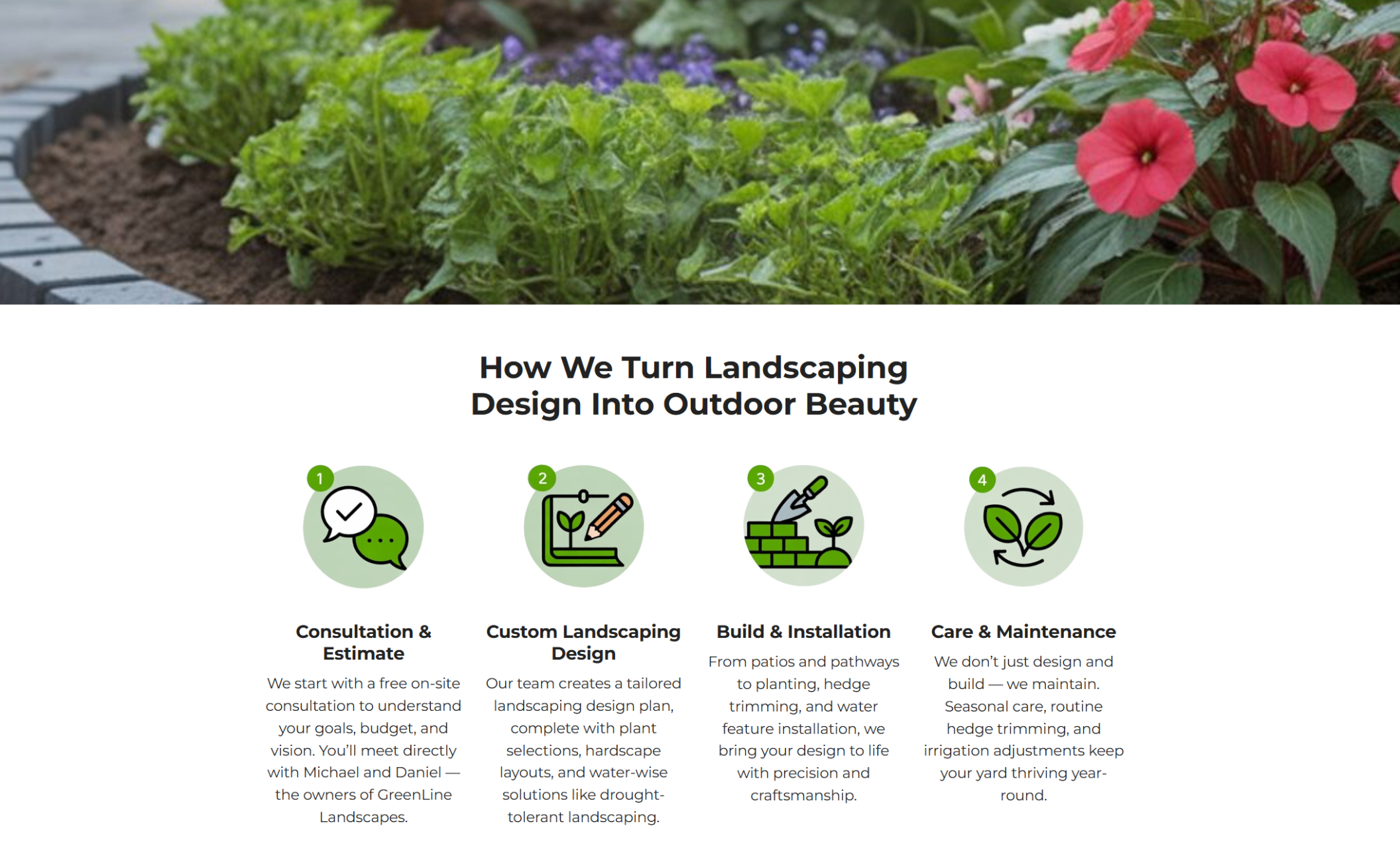 GreenLine Landscapes process section with four green icons and text describing “Consultation & Estimate,” “Custom Landscaping Design,” “Build & Installation,” and “Care & Maintenance” over a close-up photo of fresh garden plants and flowers