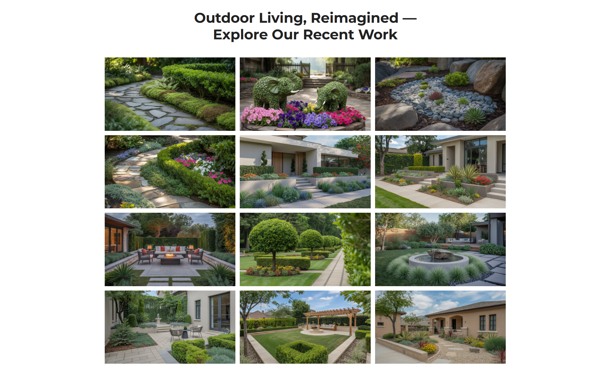 GreenLine Landscapes portfolio grid titled “Outdoor Living, Reimagined — Explore Our Recent Work,” displaying twelve photos of manicured yards, stone pathways, fountains, and lush outdoor seating areas