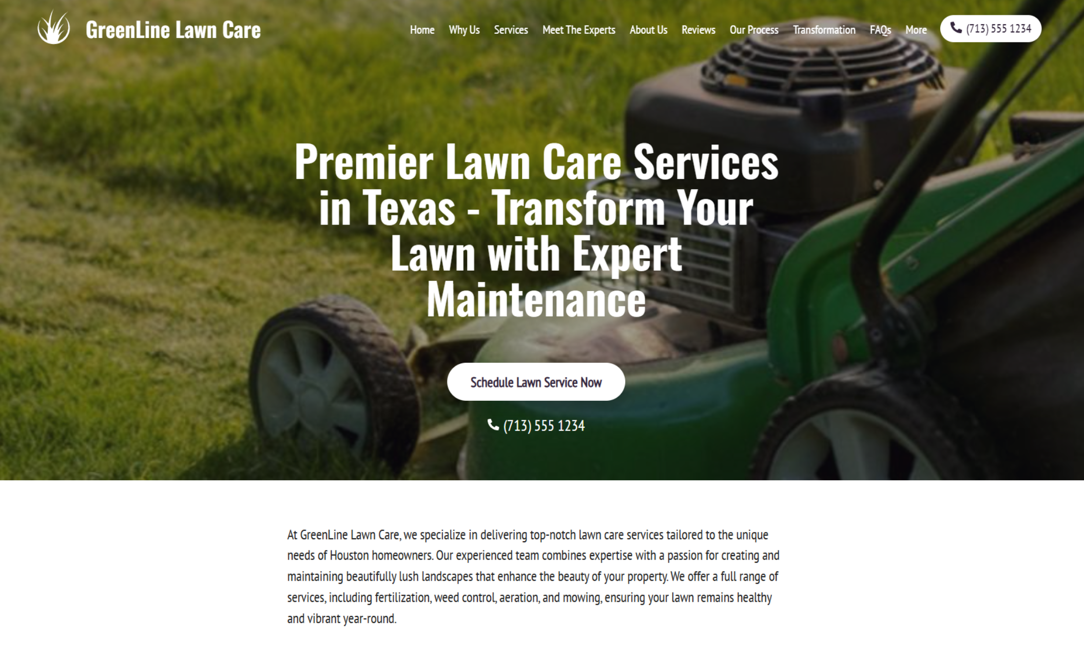 GreenLine Lawn Care homepage hero featuring a close-up of a lawn mower cutting grass with a bold headline that says “Premier Lawn Care Services in Texas – Transform Your Lawn with Expert Maintenance” and a white button labeled “Schedule Lawn Service Now.”