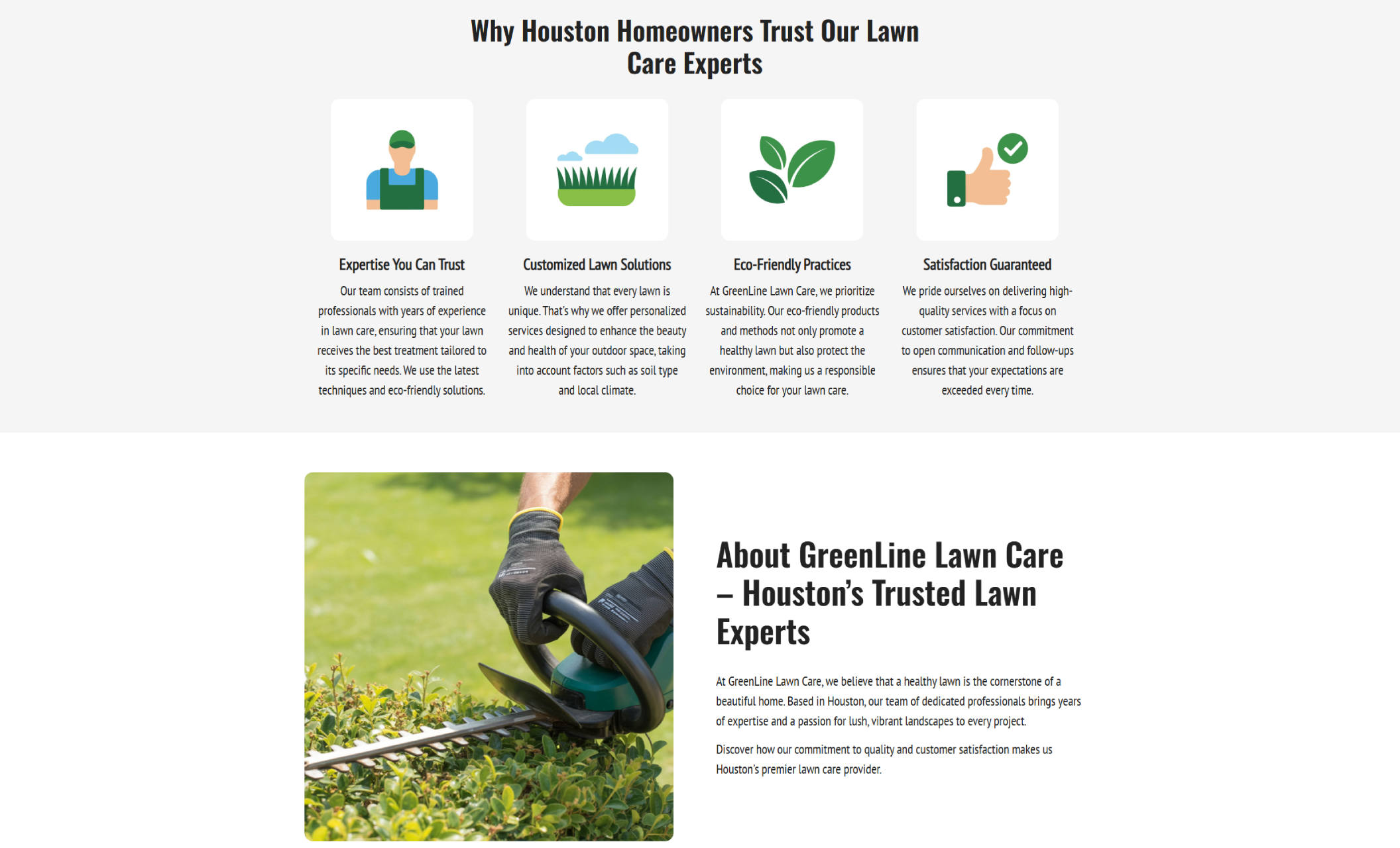 GreenLine Lawn Care “Why Choose Us” section highlighting four service icons labeled Expertise, Customized Lawn Solutions, Eco-Friendly Practices, and Satisfaction Guaranteed, with a supporting image of hedge trimming and a text block introducing the company as Houston’s trusted lawn experts