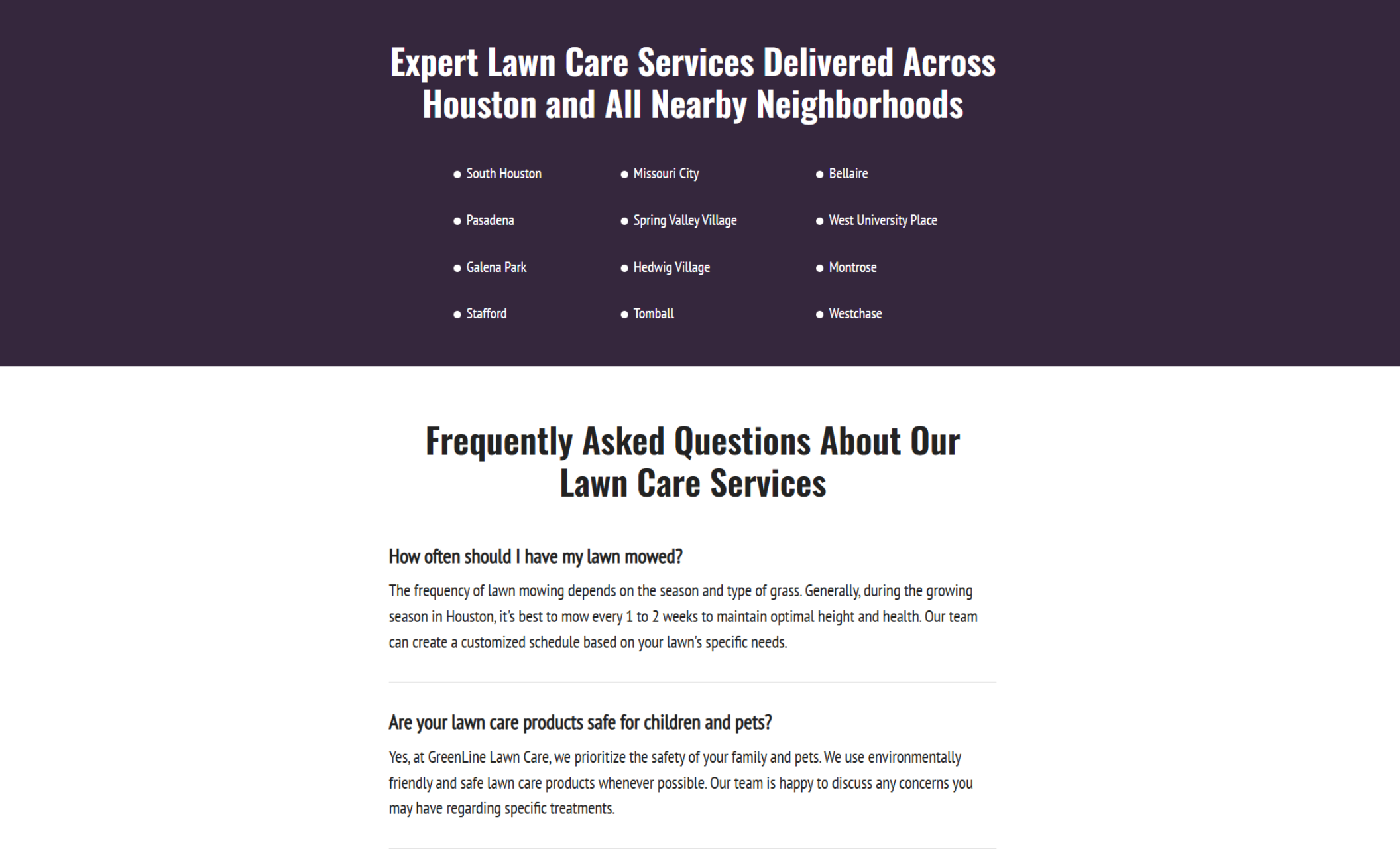 GreenLine Lawn Care service areas section featuring a headline “Expert Lawn Care Services Delivered Across Houston and All Nearby Neighborhoods” with a bulleted list of cities like Pasadena and Missouri City, followed by a FAQ section answering common lawn care questions