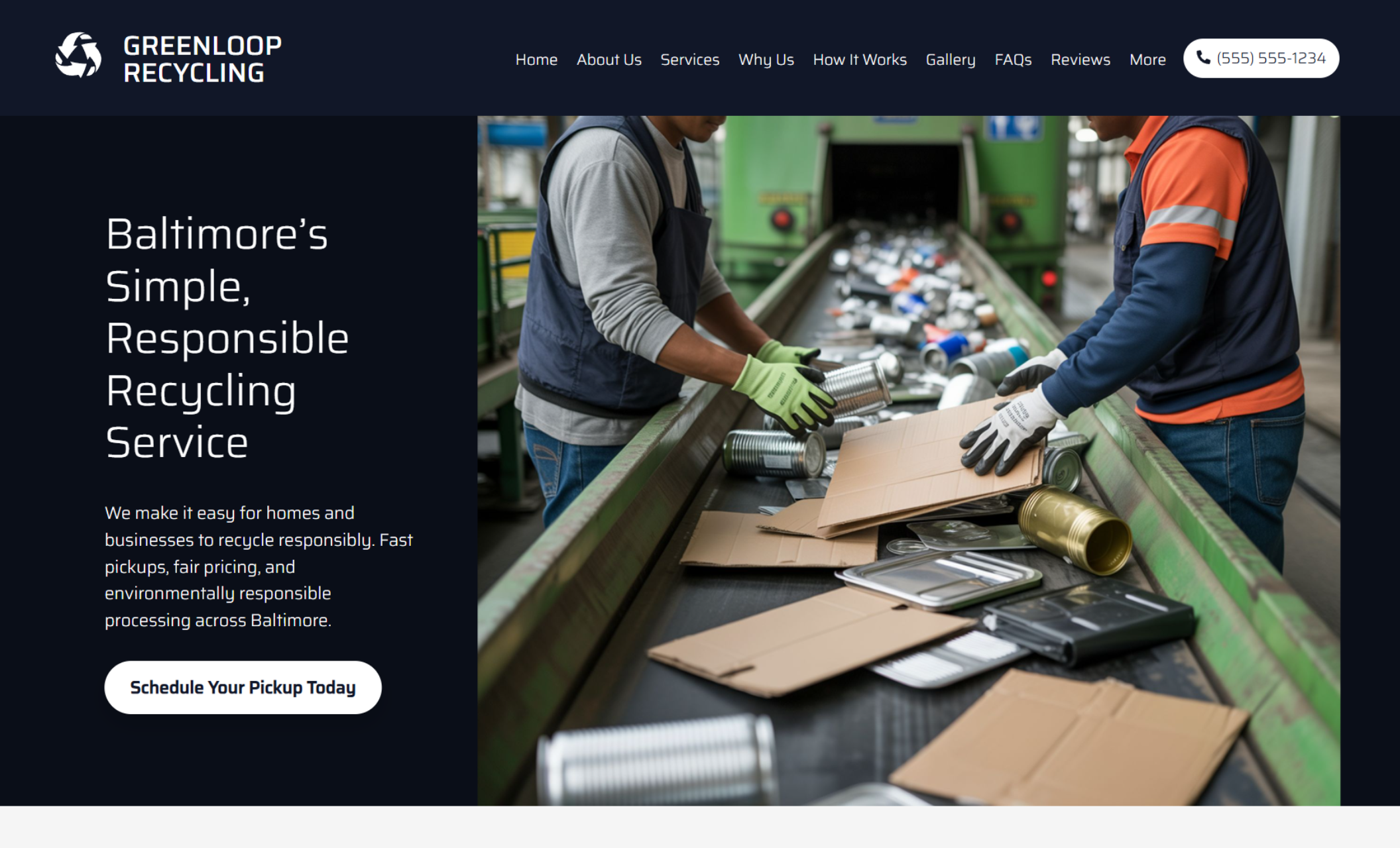 Greenloop Recycling homepage hero featuring workers sorting recyclables on a conveyor belt beside the headline “Baltimore’s Simple, Responsible Recycling Service” and a “Schedule Your Pickup Today” button