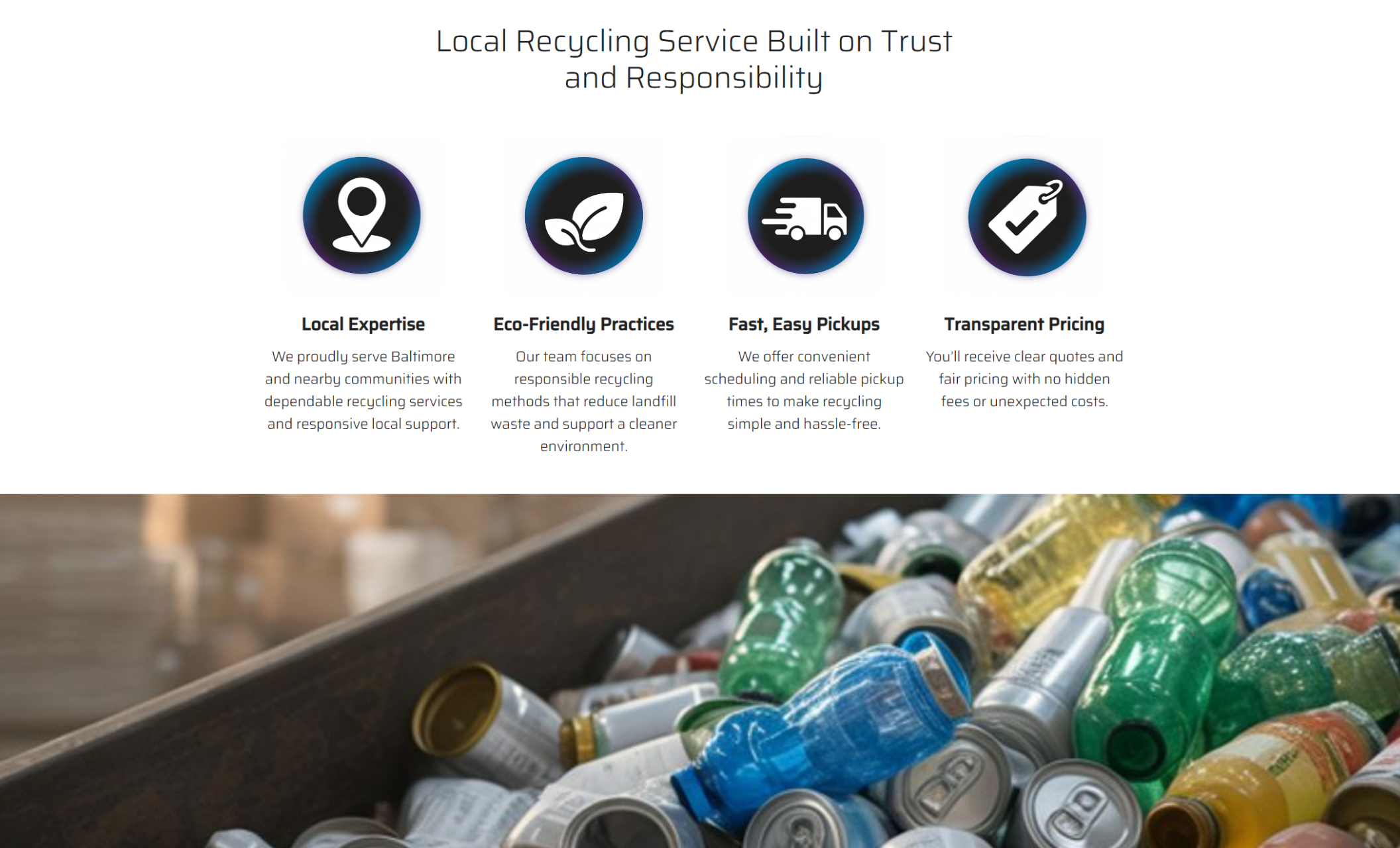 Greenloop Recycling features section labeled “Local Recycling Service Built on Trust and Responsibility,” highlighting icons for local expertise, eco-friendly practices, fast pickups, and transparent pricing