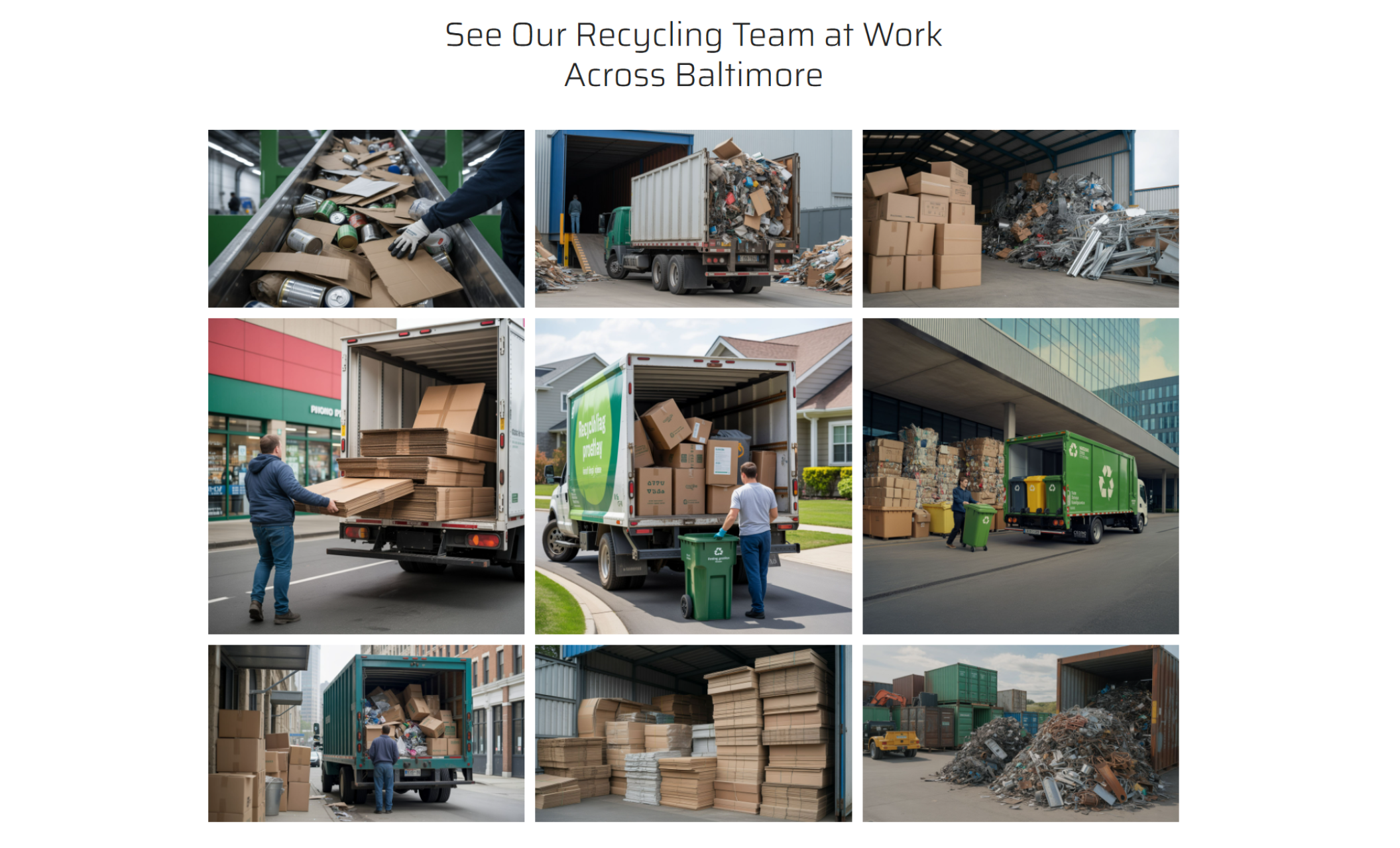 Greenloop Recycling gallery section titled “See Our Recycling Team at Work Across Baltimore,” displaying a grid of collection trucks, sorting facilities, and recycling operations
