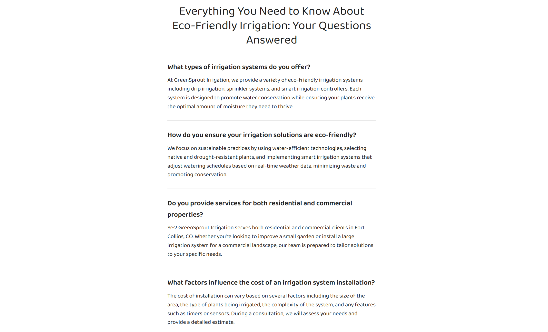 GreenSprout Irrigation Co. FAQ section featuring the headline “Everything You Need to Know About Eco-Friendly Irrigation: Your Questions Answered,” followed by expandable questions explaining irrigation system types, sustainability practices, residential and commercial services, and installation costs
