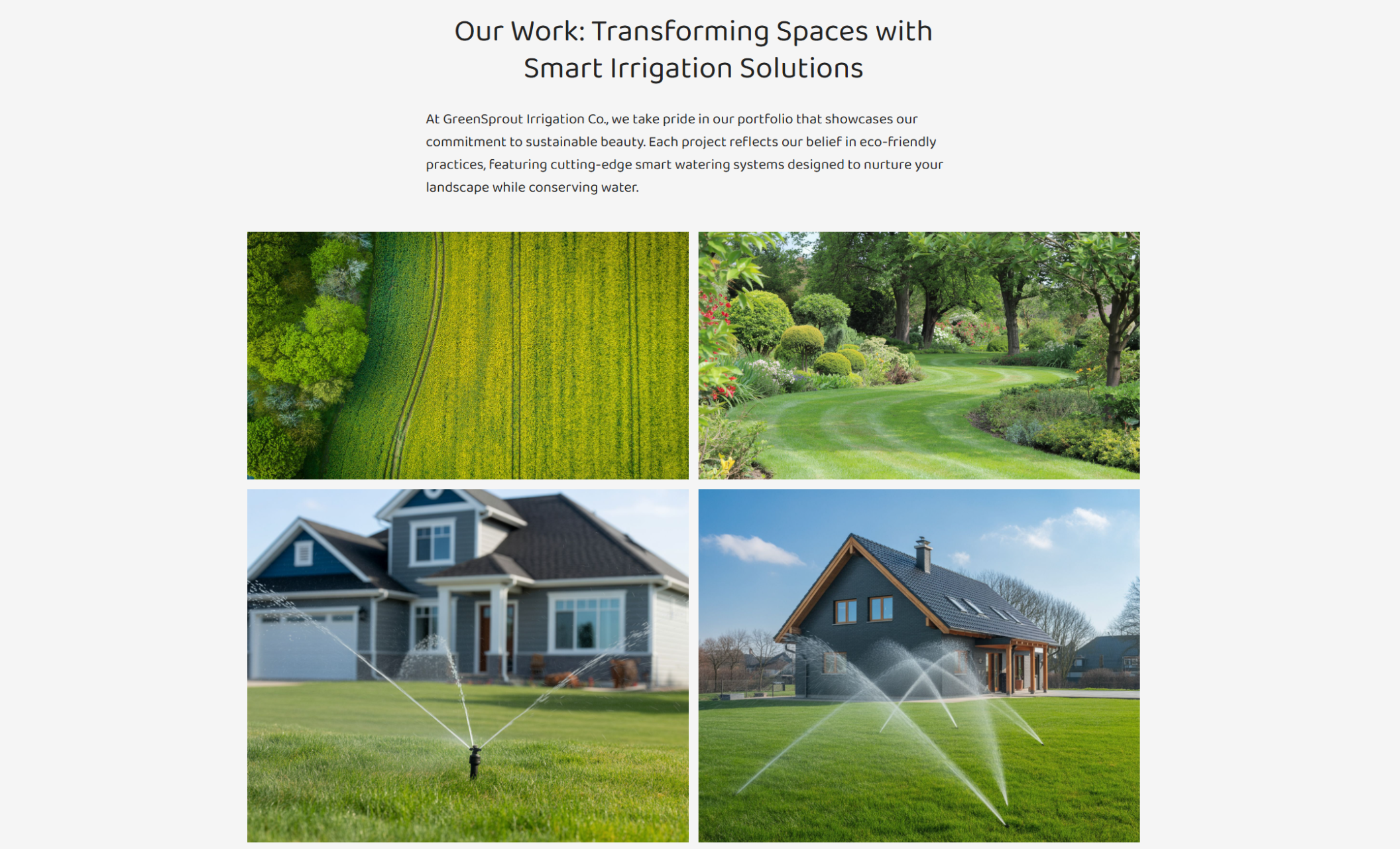 GreenSprout Irrigation Co. gallery section titled “Our Work: Transforming Spaces with Smart Irrigation Solutions,” showcasing four landscape images including aerial farmland, manicured gardens, and residential lawns with active sprinkler systems