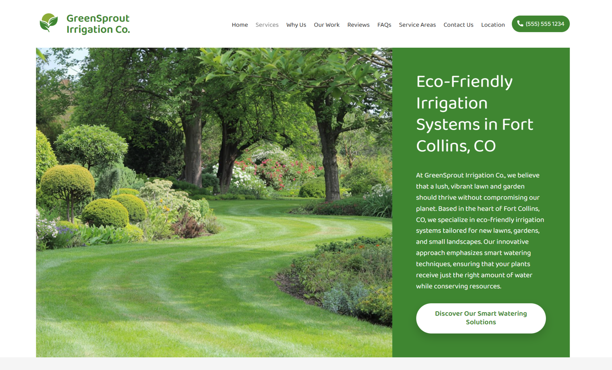 GreenSprout Irrigation Co. homepage hero displaying a lush, tree-lined garden beside a green content panel with the headline “Eco-Friendly Irrigation Systems in Fort Collins, CO” and a white button labeled “Discover Our Smart Watering Solutions.”